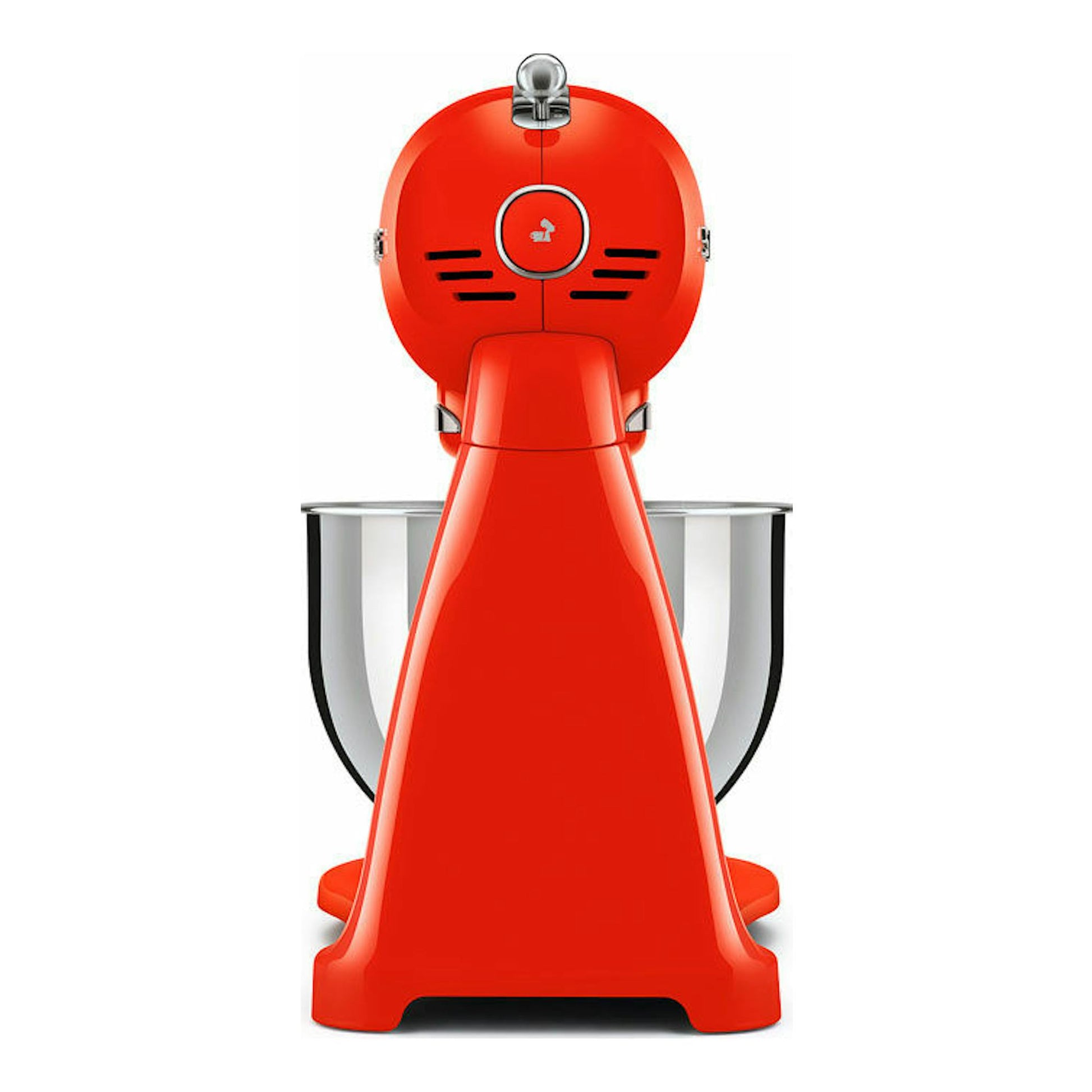 Procesador de alimentos Smeg SMF03RDEU rojo, vista frontal, con bol de acero inoxidable.
