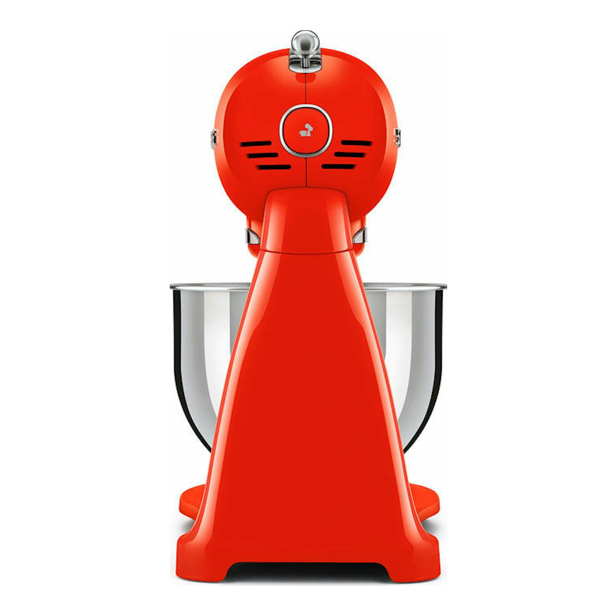 Procesador de alimentos Smeg SMF03RDEU rojo, vista frontal, con bol de acero inoxidable.