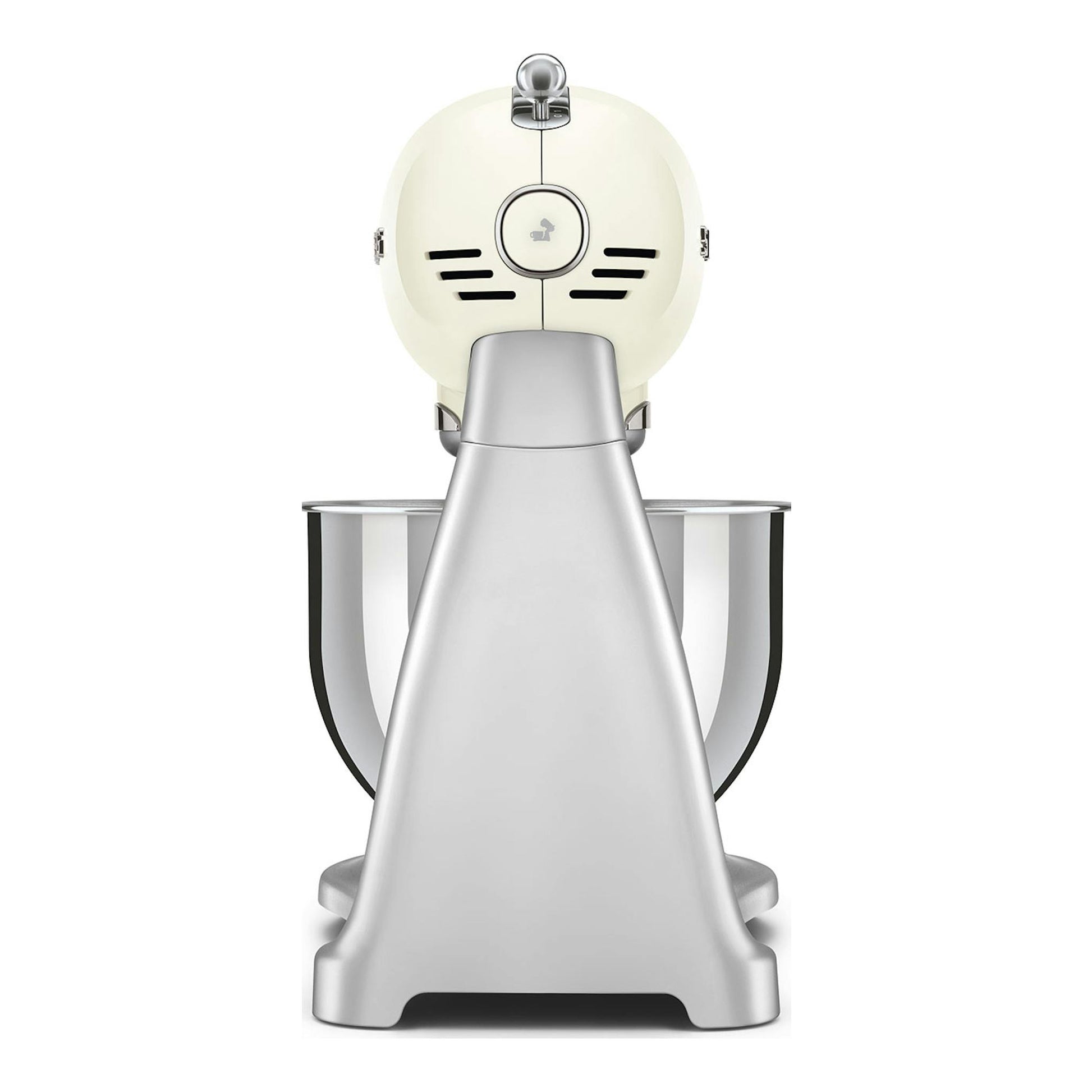 Robot de cocina Smeg SMF04CREU, vista frontal, color crema y plateado, con bol de acero inoxidable.