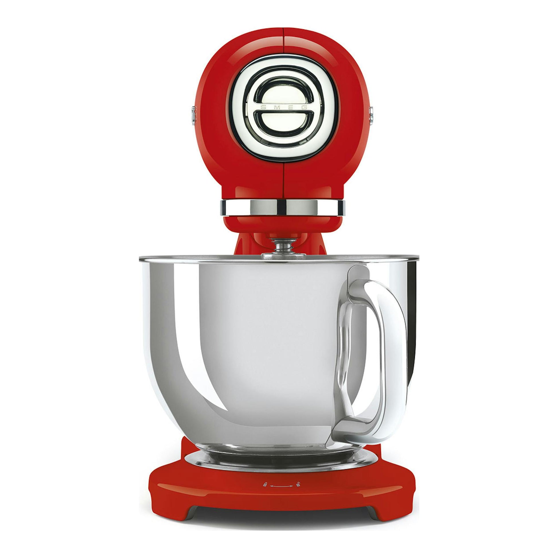 Batidora amasadora Smeg SMF05RDEU roja, vista frontal, con bol de acero inoxidable sobre fondo blanco.