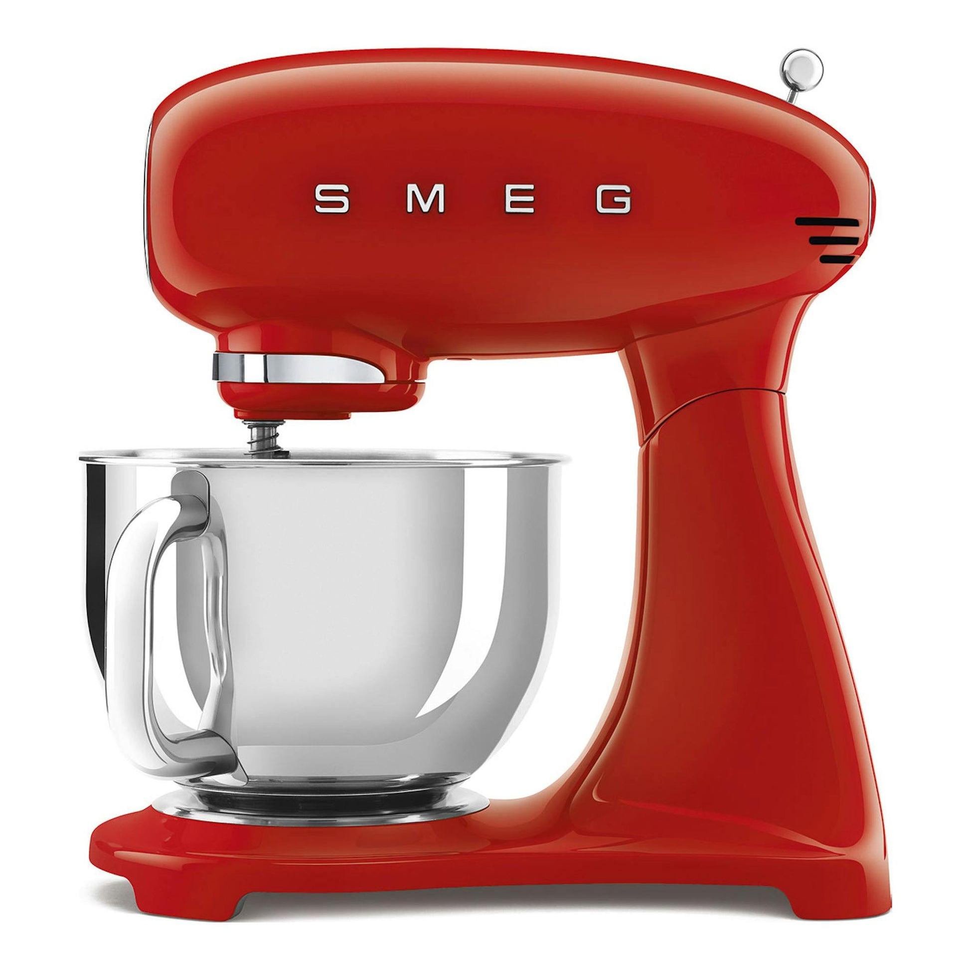 Batidora amasadora Smeg SMF05RDEU roja, vista lateral, con bol de acero inoxidable.