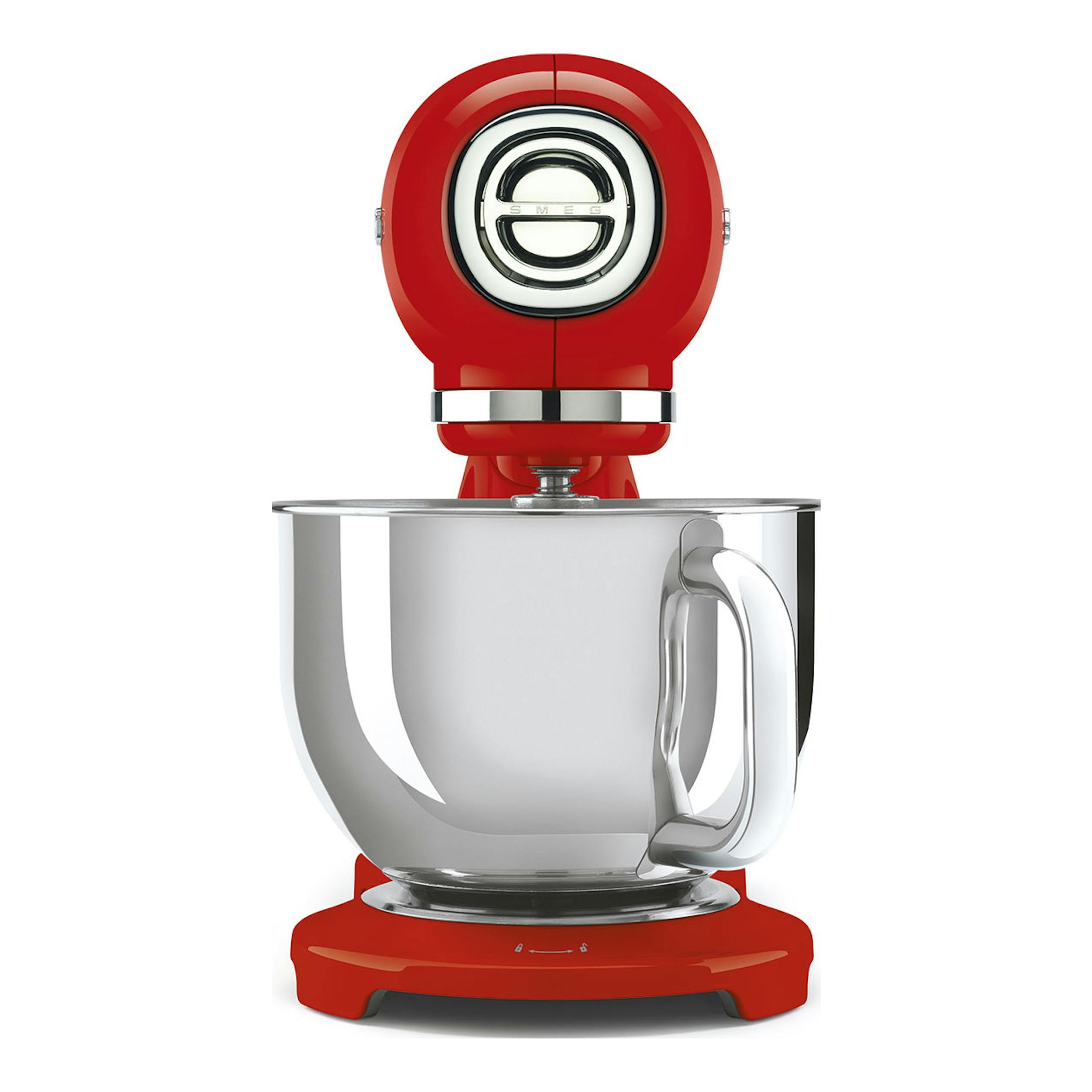Batidora amasadora Smeg SMF05RDEU roja con bol metálico, vista frontal.
