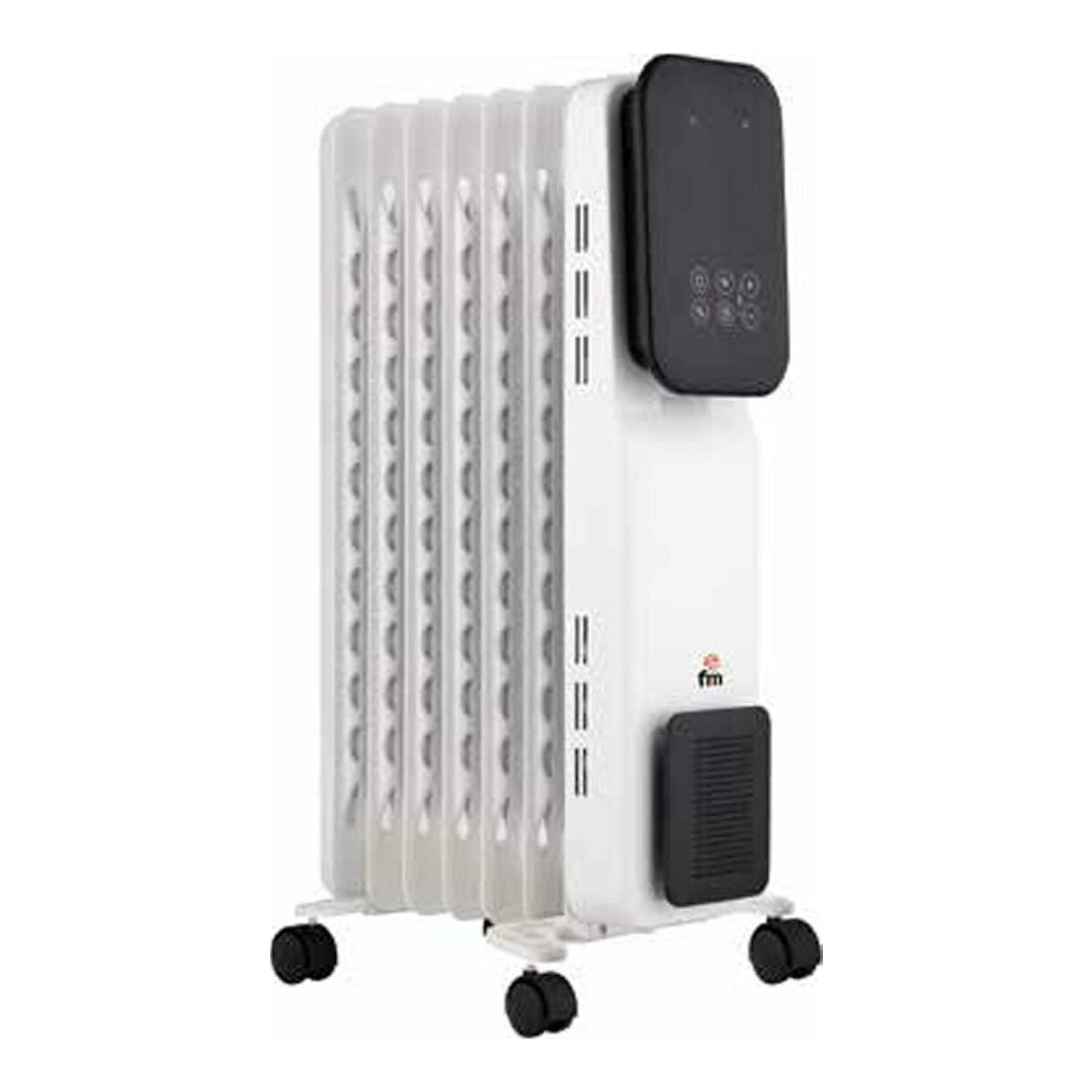 Radiador de aceite FM RI15 Wifi blanco, con panel negro, ruedas y vista frontal en ángulo.
