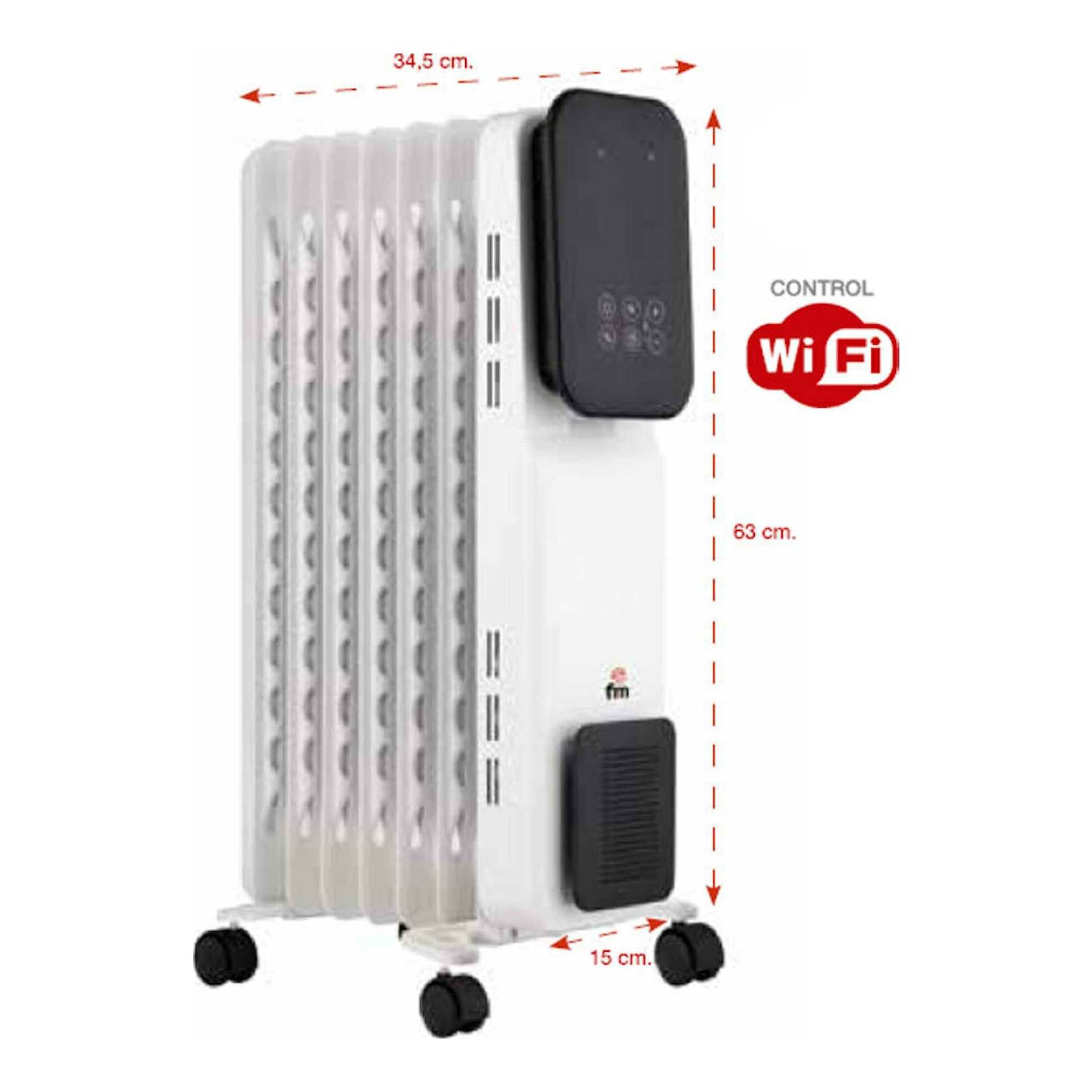 Radiador de aceite FM RI15 Wifi blanco, vista 3/4, con ruedas y panel negro superior.