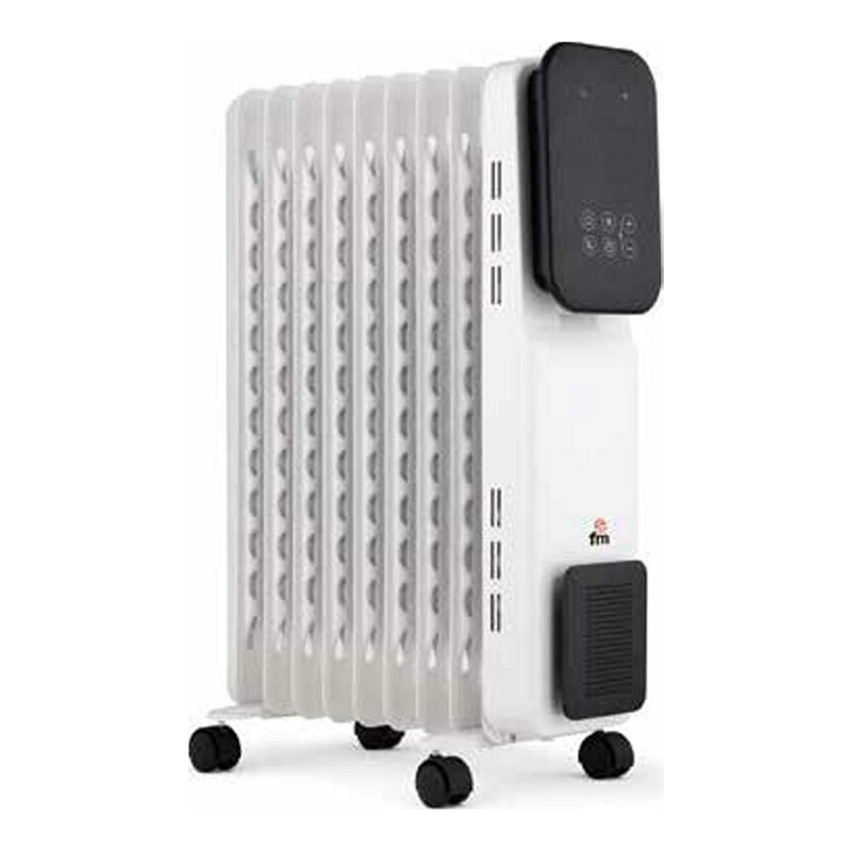 Radiador de aceite FM RI20 Wifi blanco, vista en tres cuartos, con panel negro y ruedas.