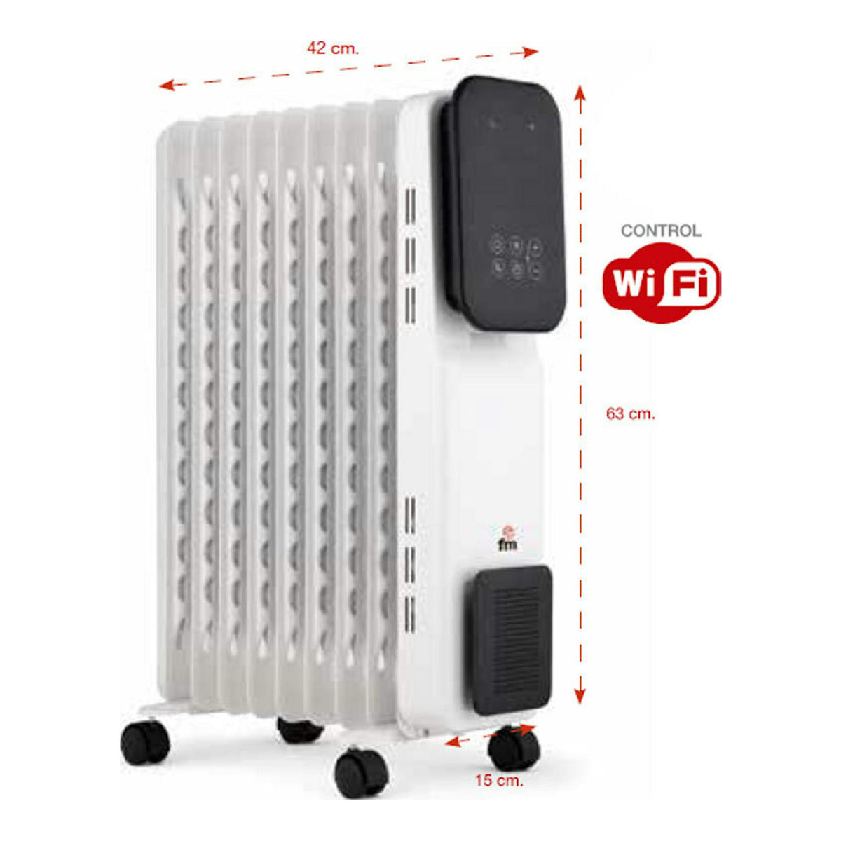 Radiador de aceite FM RI20 WiFi blanco y negro, vista frontal en 3/4, con ruedas y control superior.