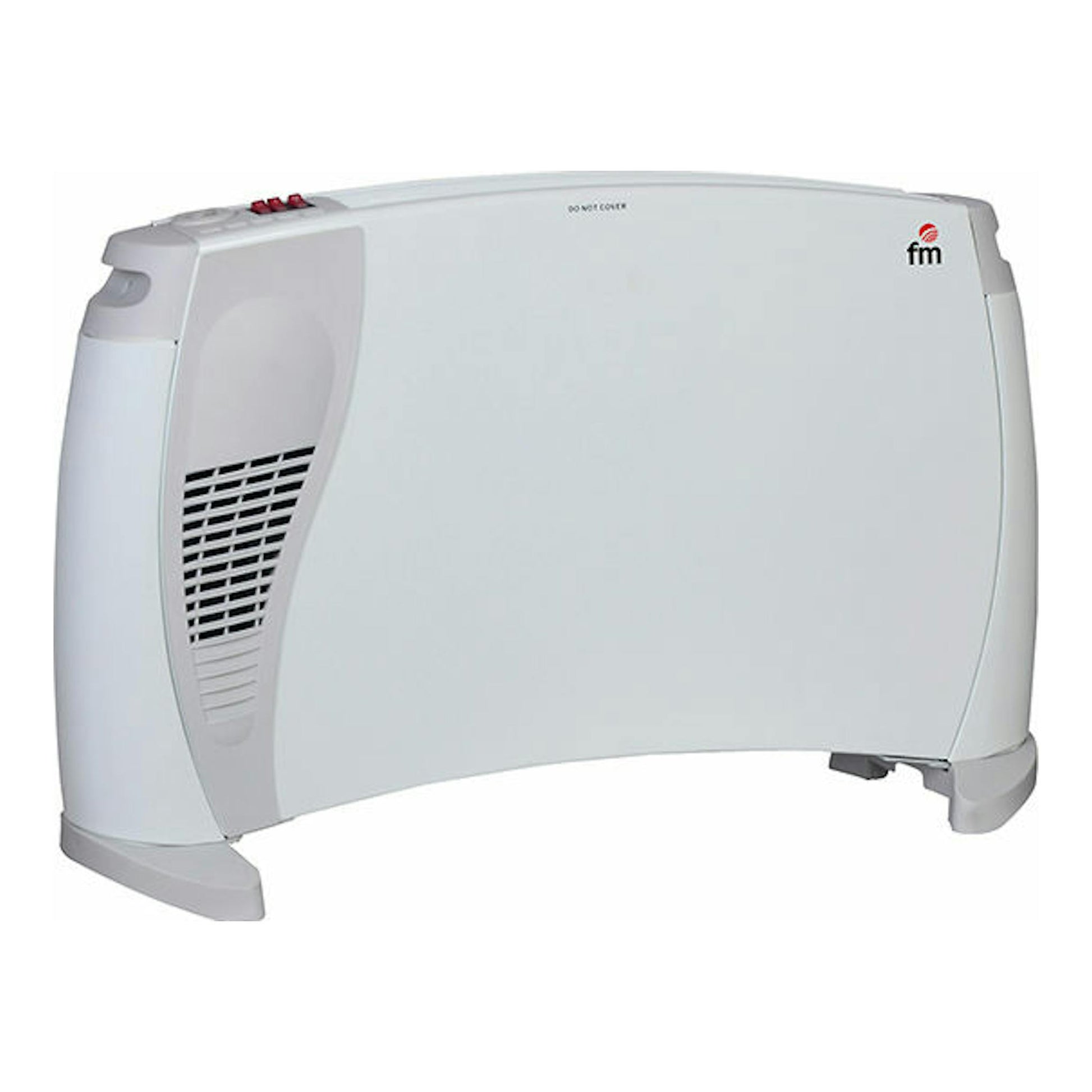 Radiador eléctrico FM RC1101 blanco, vista frontal en ángulo, con rejilla lateral y base gris.