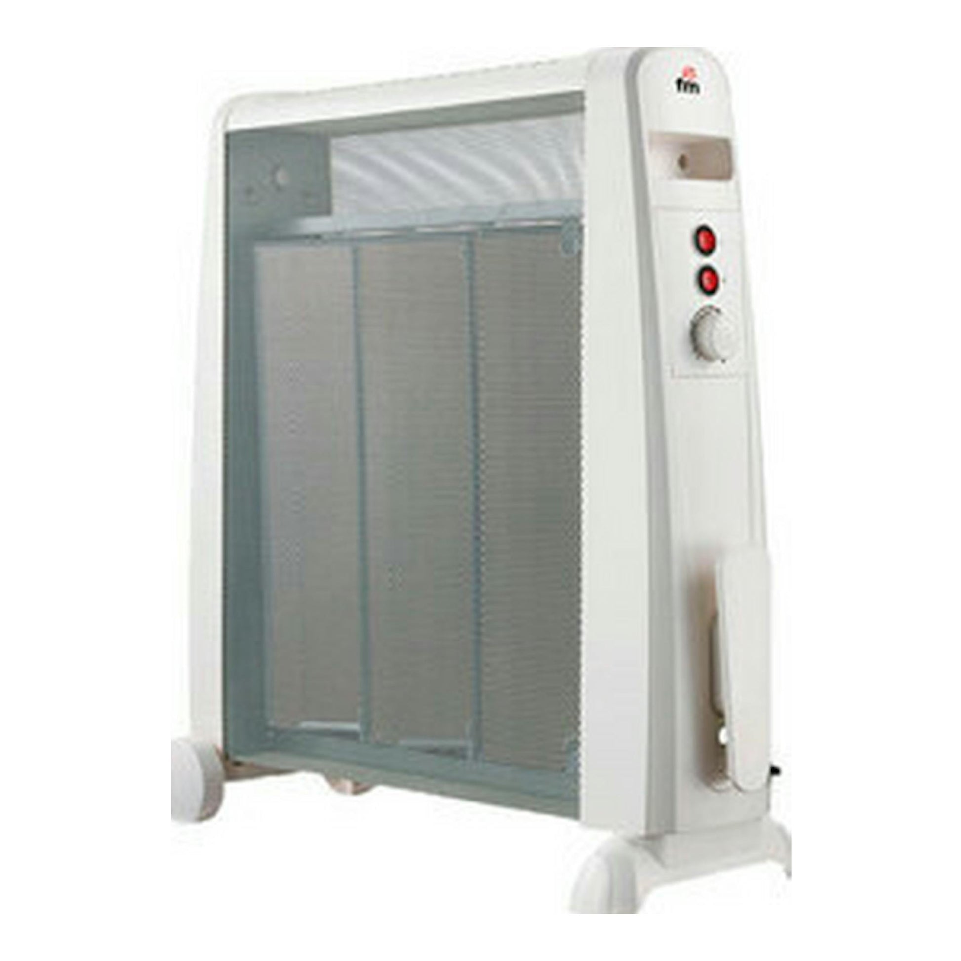 Radiador eléctrico FM RM15 blanco, vista en tres cuartos, panel frontal gris y controles laterales.