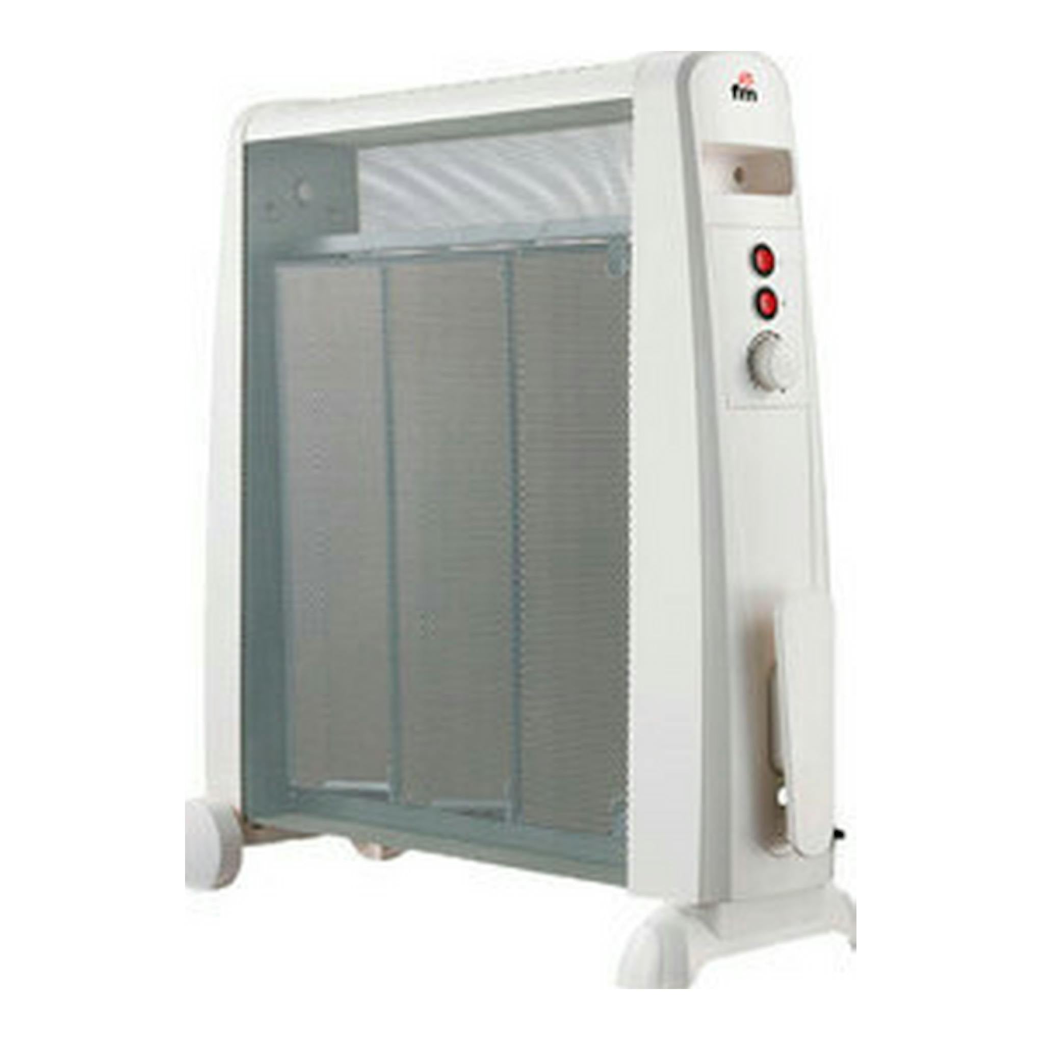 Radiador eléctrico FM RM15 blanco, vista en tres cuartos, panel frontal gris y controles laterales.