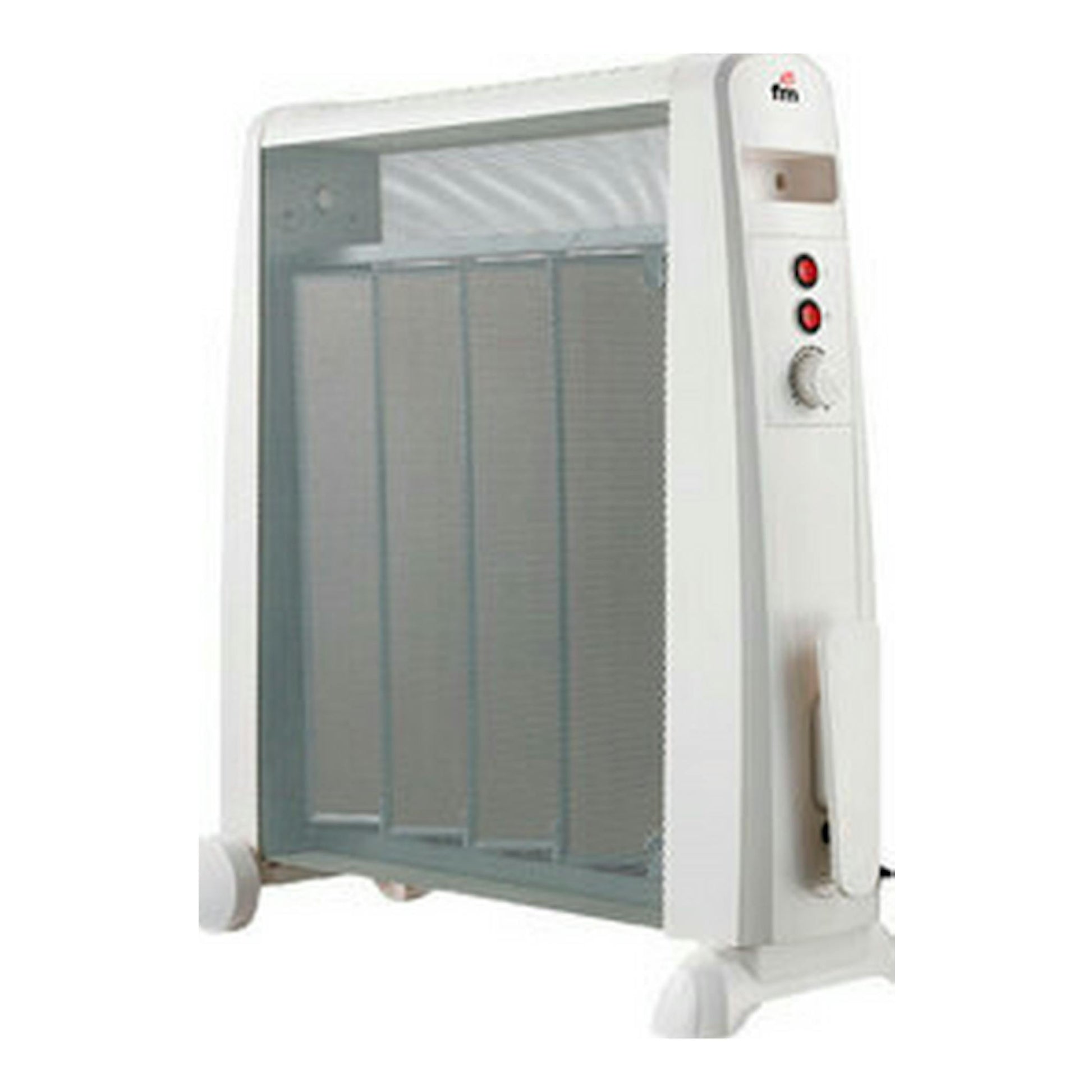 Radiador eléctrico FM RM20 blanco, vista en tres cuartos, con ruedas y controles laterales.