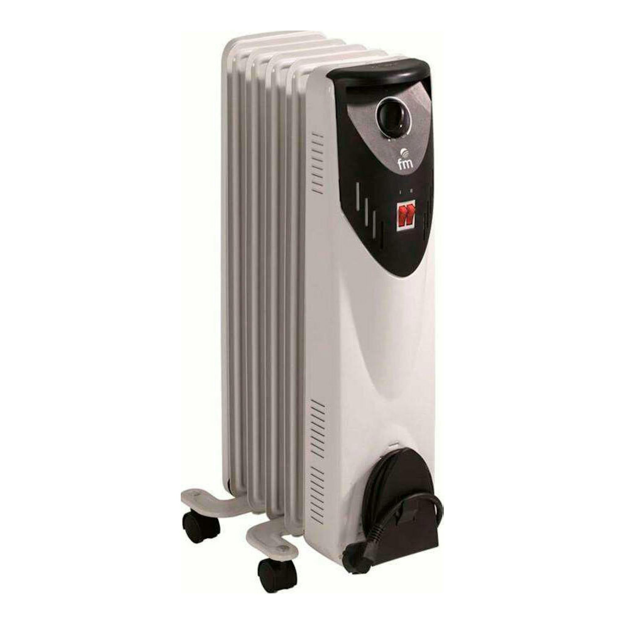 Radiador eléctrico FM RW10 blanco y negro, en vista de tres cuartos, con ruedas y panel frontal.