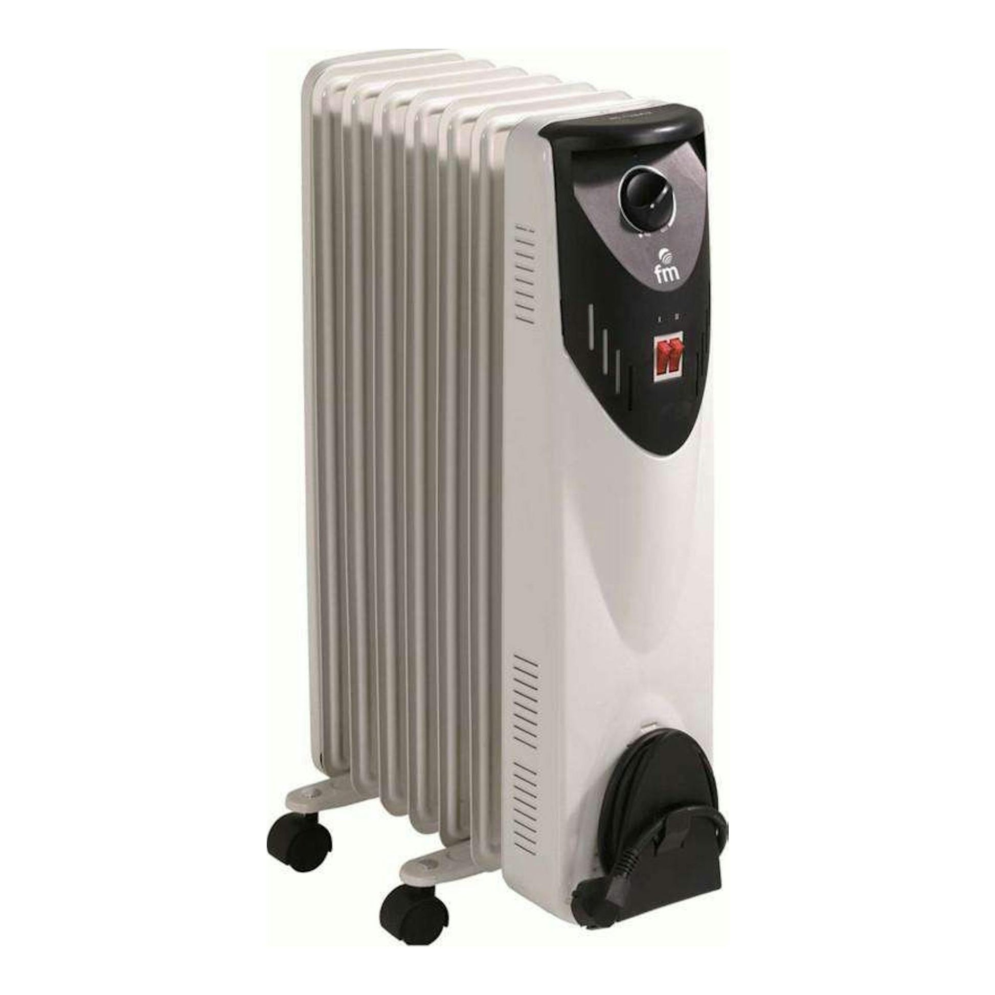 Radiador FM RW15 blanco y negro, vista en tres cuartos, con ruedas y selector frontal.