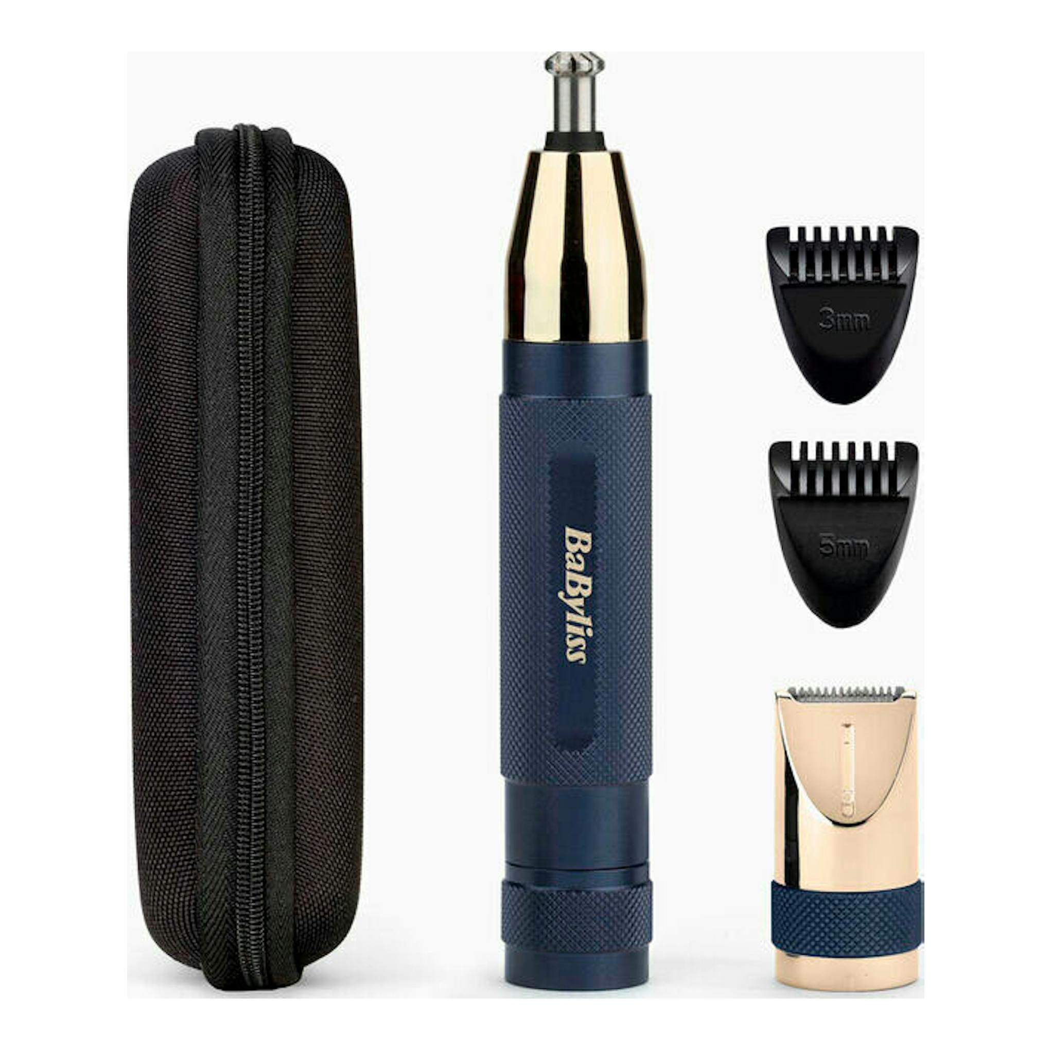Recortador de nariz BaByliss E112E azul marino y dorado, con funda y dos peines, vista frontal.