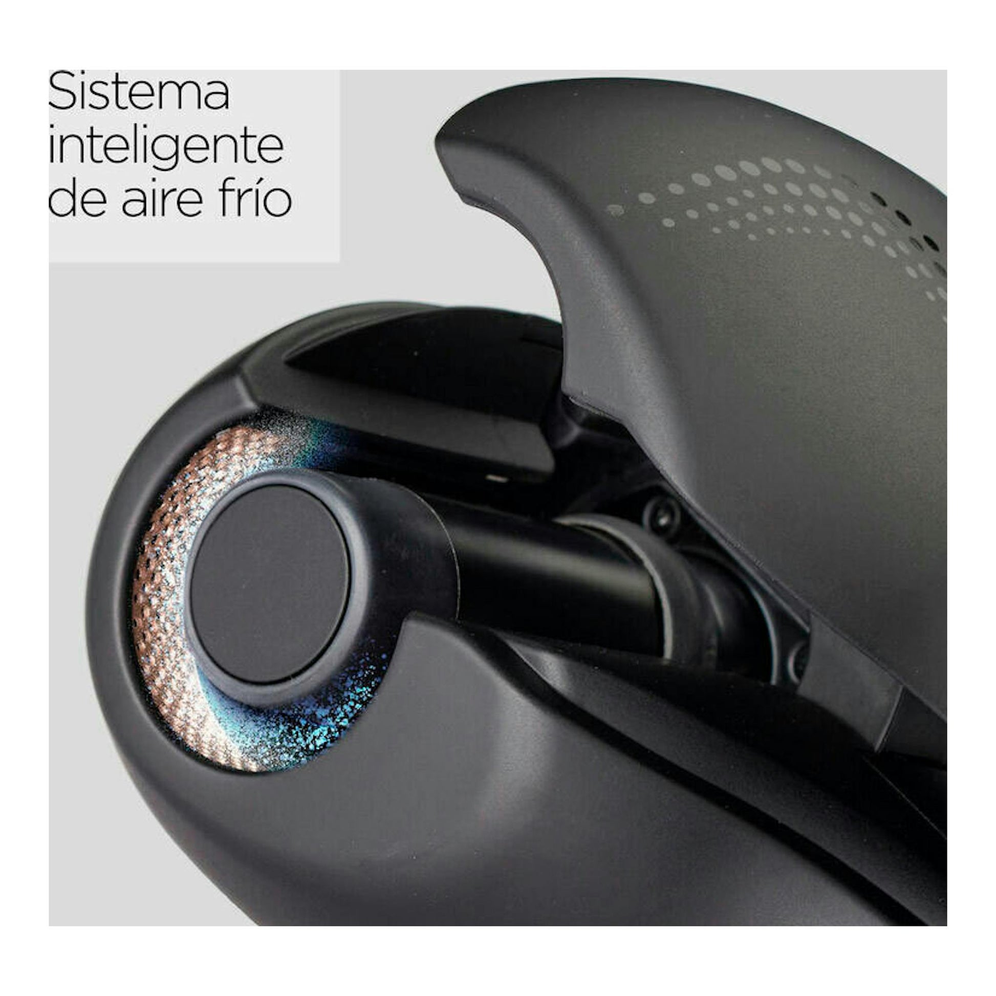 Rizador BaByliss C1900E negro en primer plano, con sistema inteligente de aire frío.