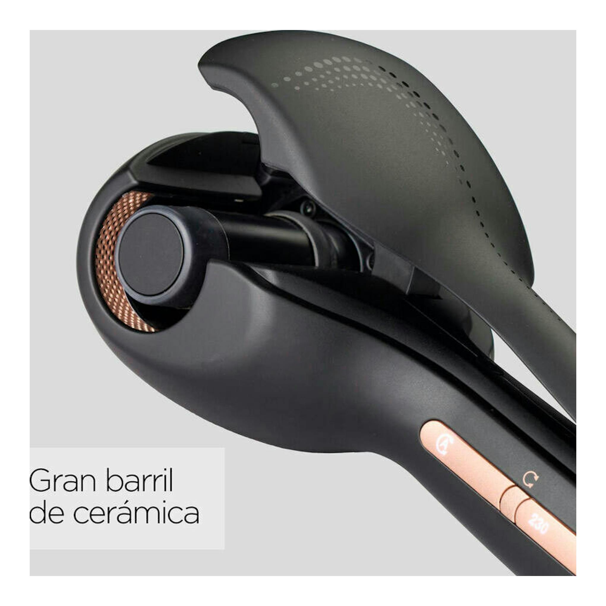 Rizador BaByliss C1900E negro, vista lateral en primer plano, con barril de cerámica.