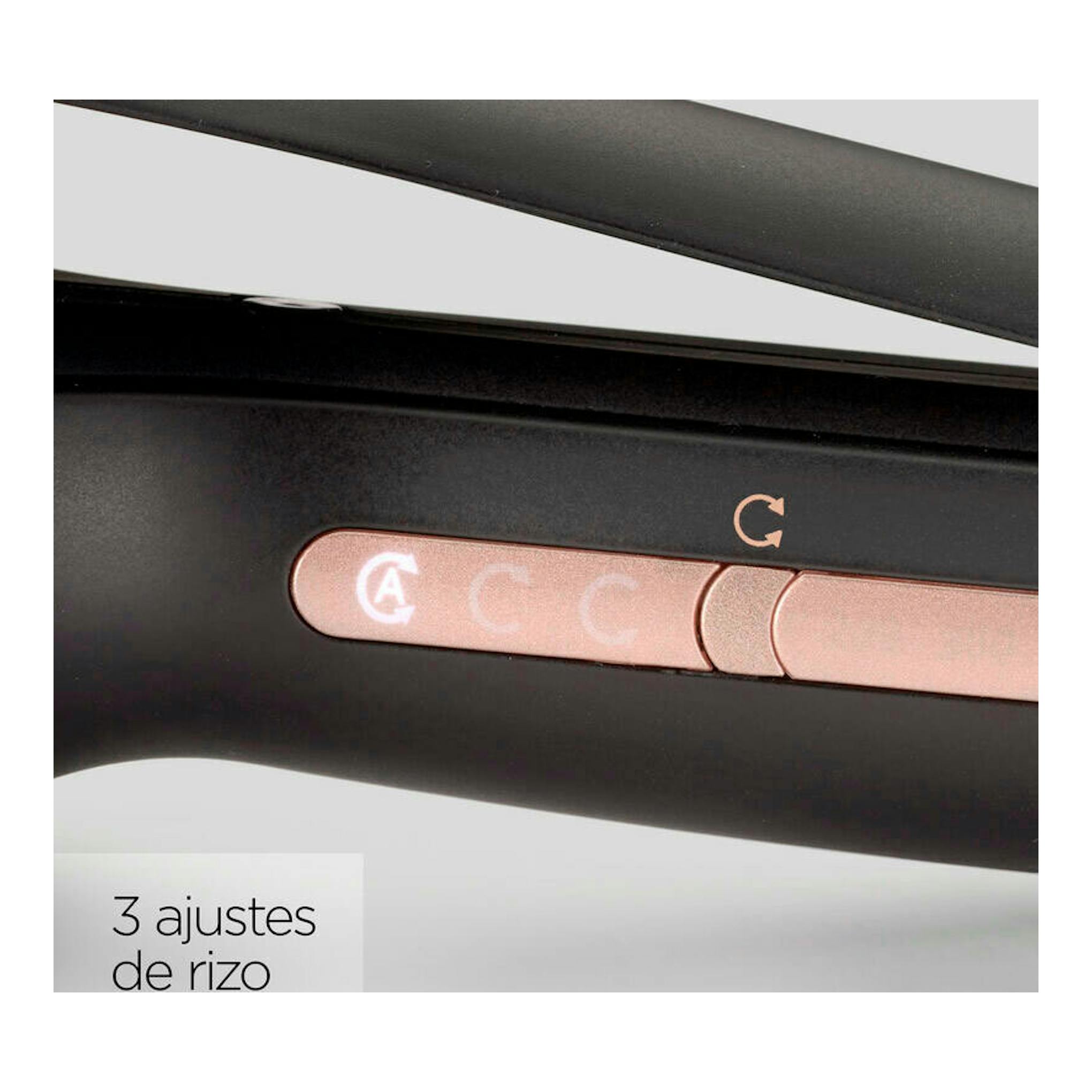 Primer plano de rizador Babyliss C1900E negro y rosa dorado, con botones de ajuste de rizo.