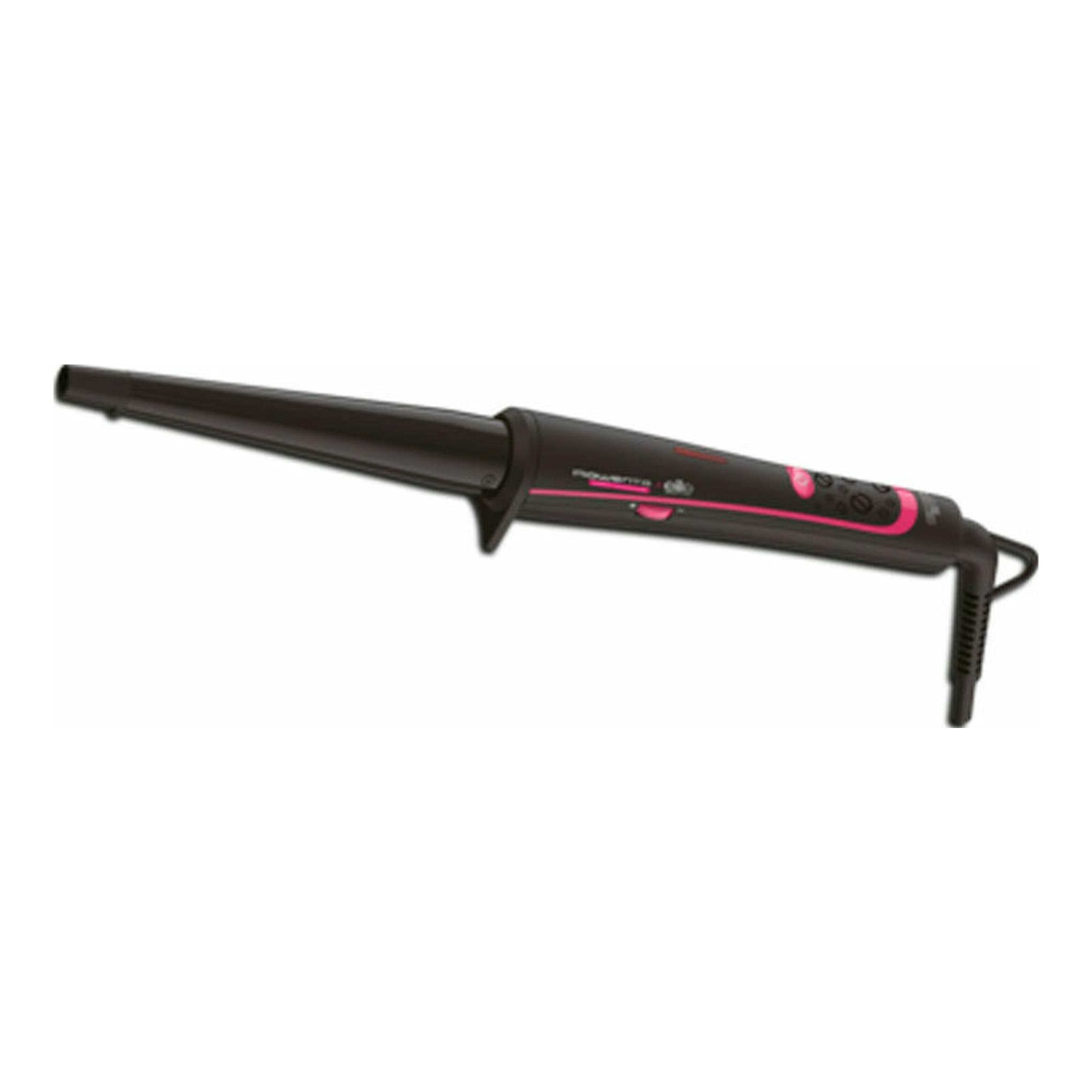 Rizador Rowenta CF3242F0 negro y rosa, visto de perfil sobre fondo blanco.