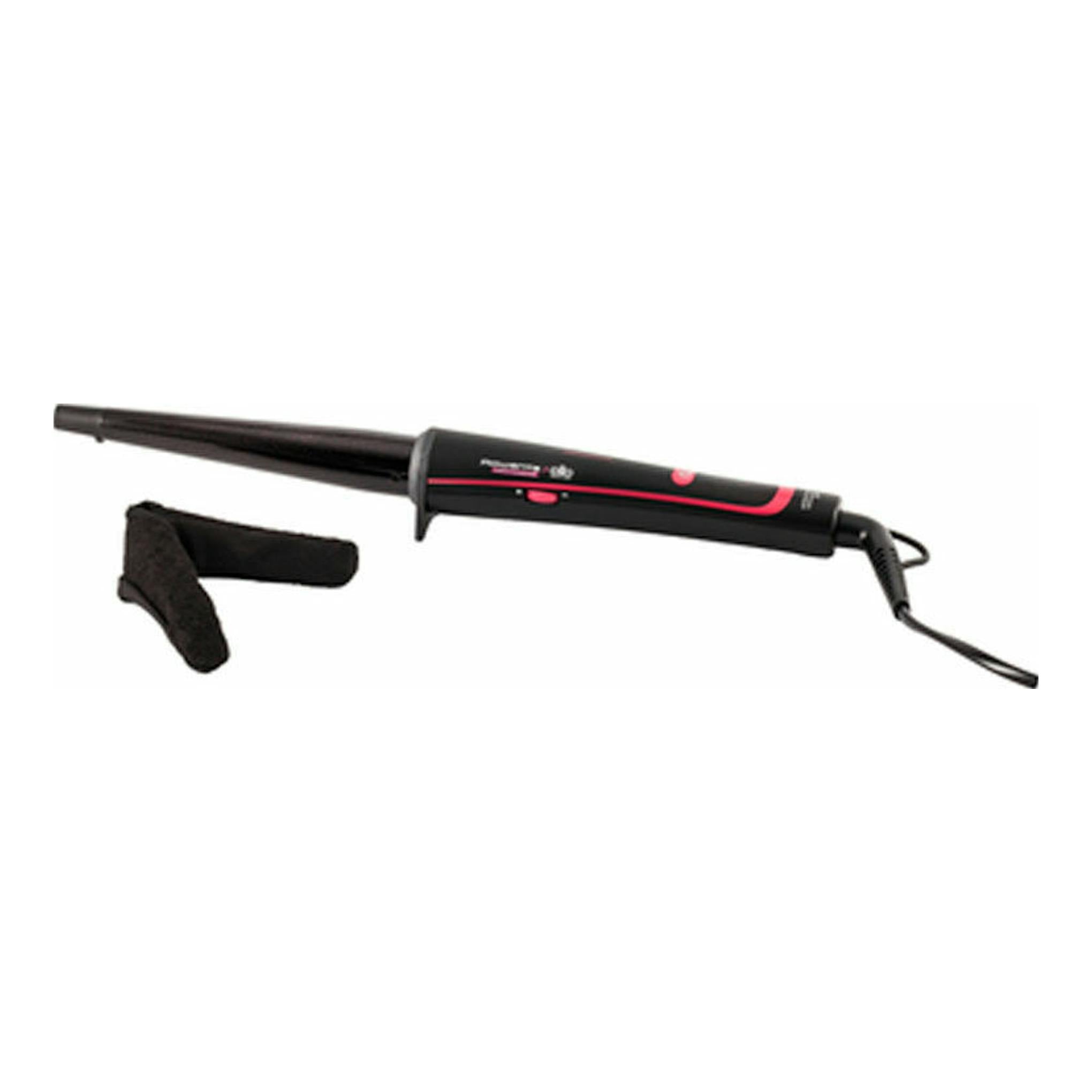 Rizador de cabello Rowenta CF3242F0 negro con detalles rojos, visto de lado, con guante térmico.