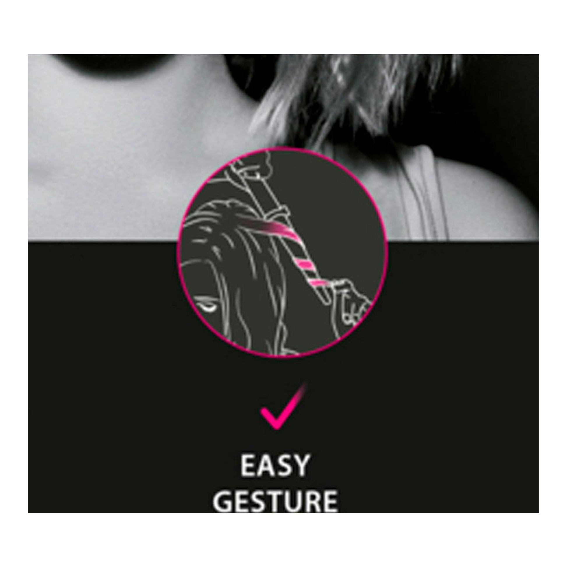 Rowenta CF3242F0: ilustración de rizador sobre cabello, fondo negro y rosa, con texto “EASY GESTURE”.