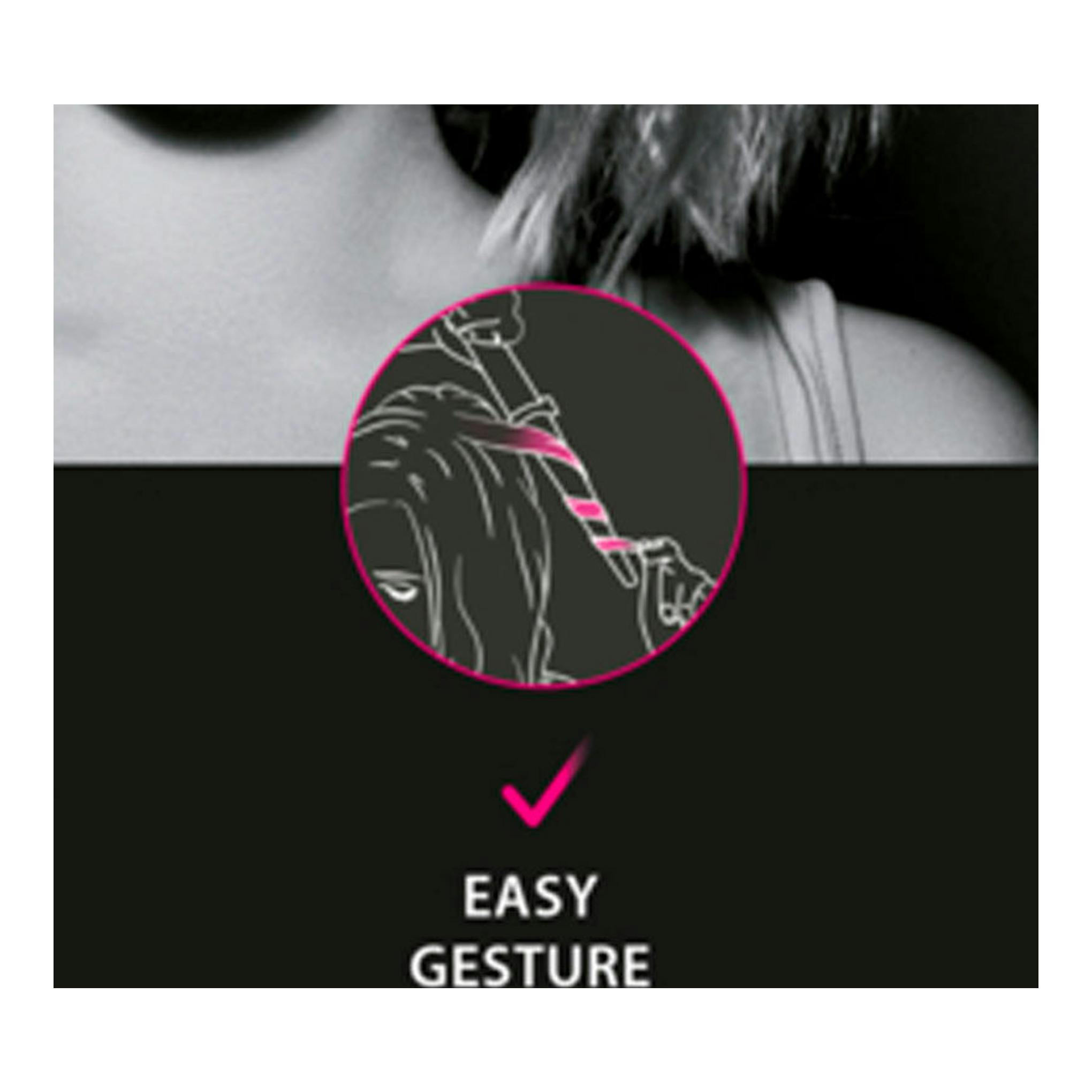 Rowenta CF3242F0: ilustración de rizador sobre cabello, fondo negro y rosa, con texto “EASY GESTURE”.