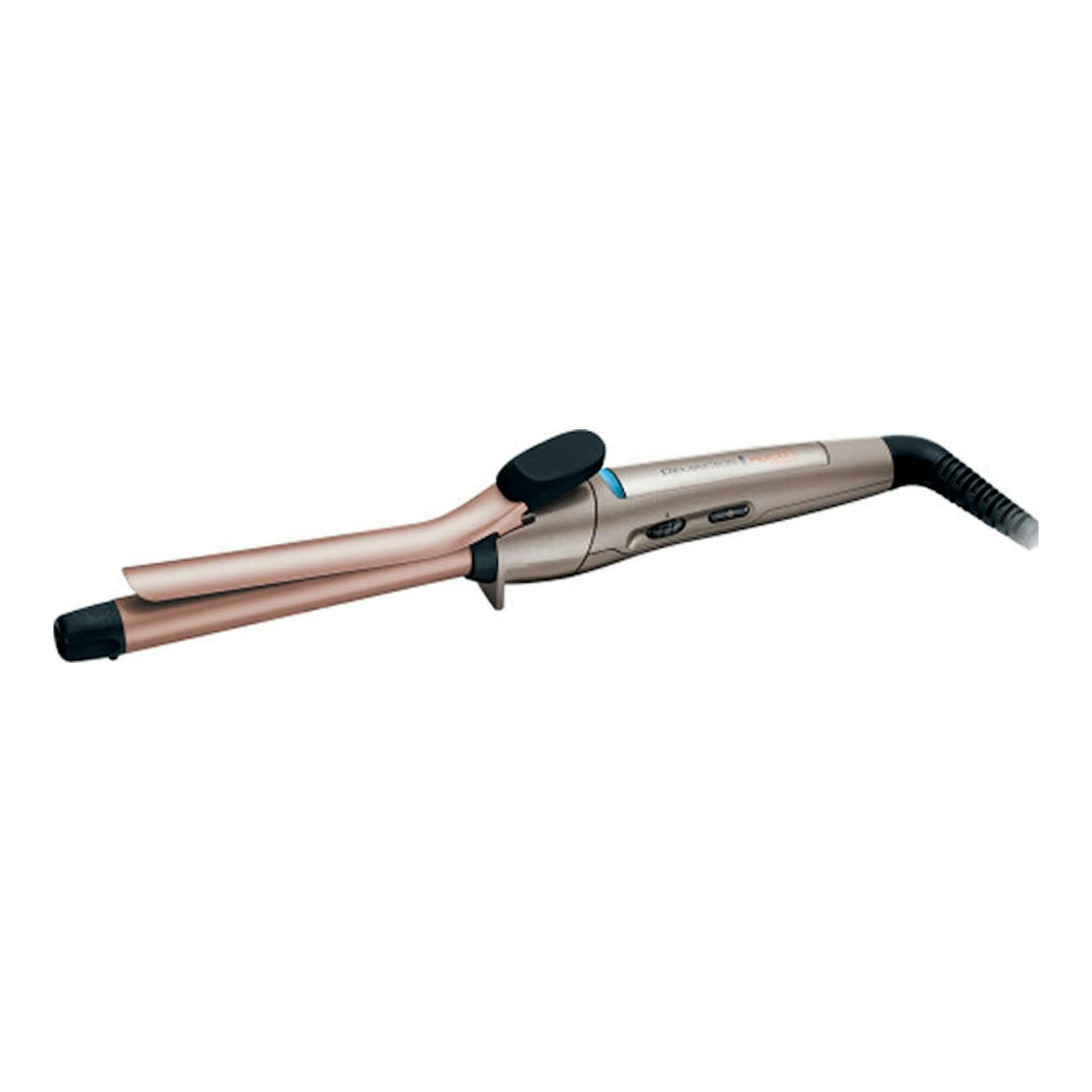 Rizador de pelo Remington CI5318, vista lateral en diagonal, color rosa dorado y negro, sobre fondo blanco.