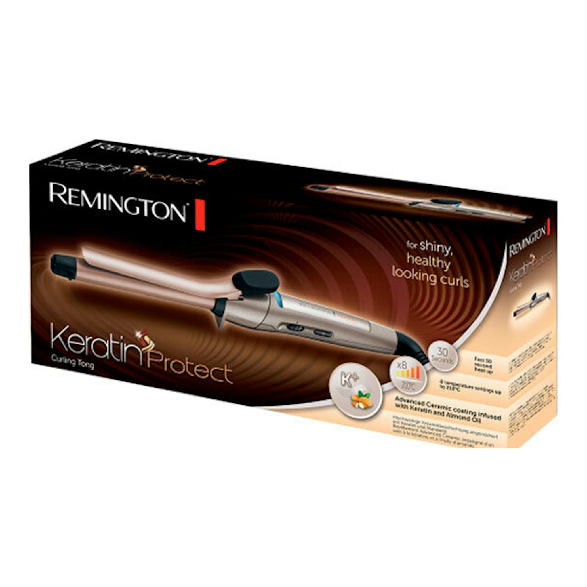 Caja del rizador de pelo Remington CI5318 Keratin Protect, vista en ángulo, fondo blanco.