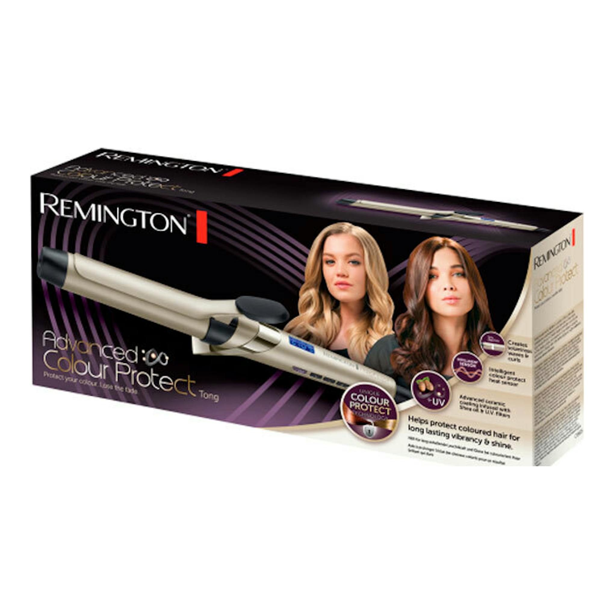 Caja del rizador Remington CI8605 Advanced Colour Protect, vista frontal en ángulo, negra y morada.