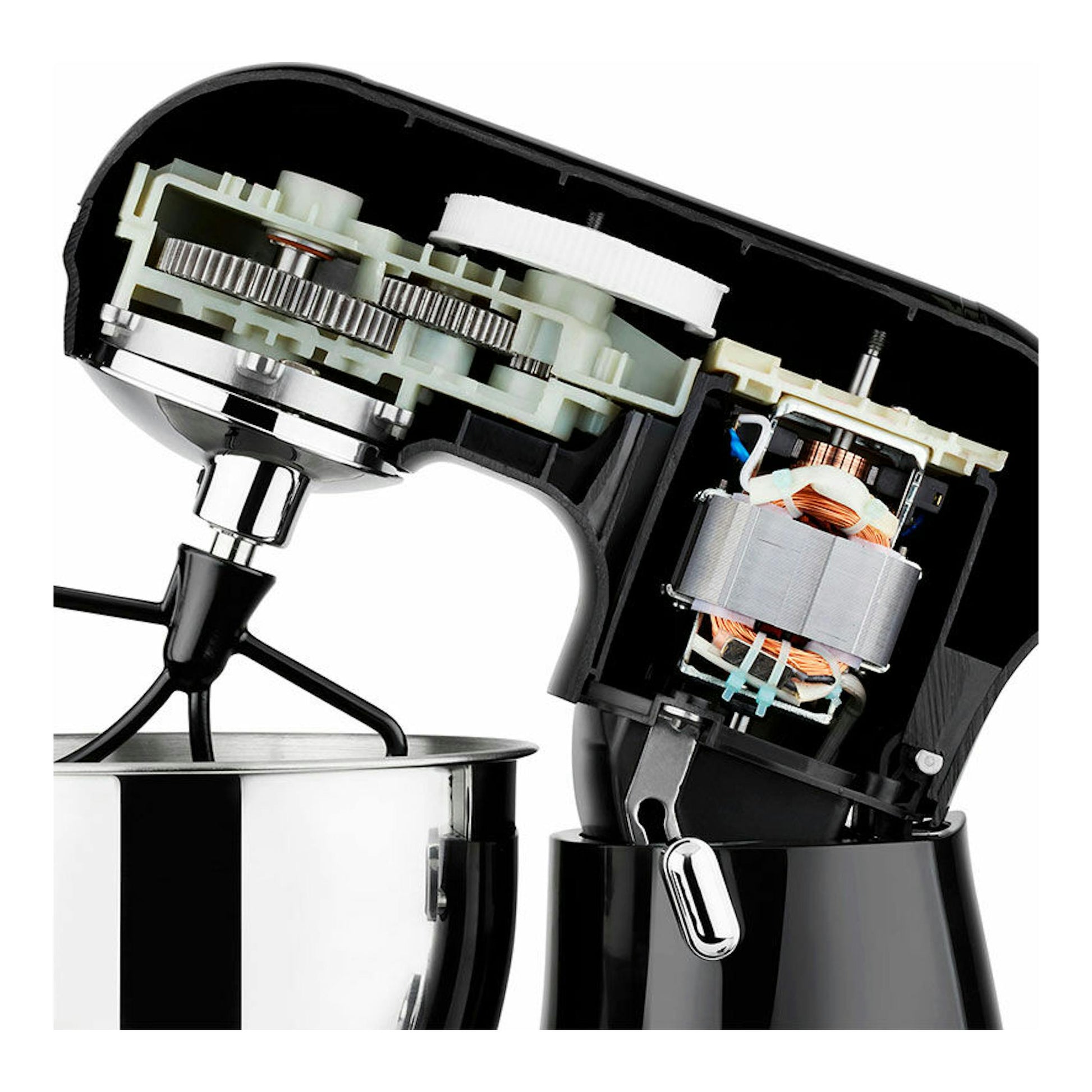 Robot amasador Boj FP4000 negro, vista en corte lateral con motor, engranajes y cuenco metálico.