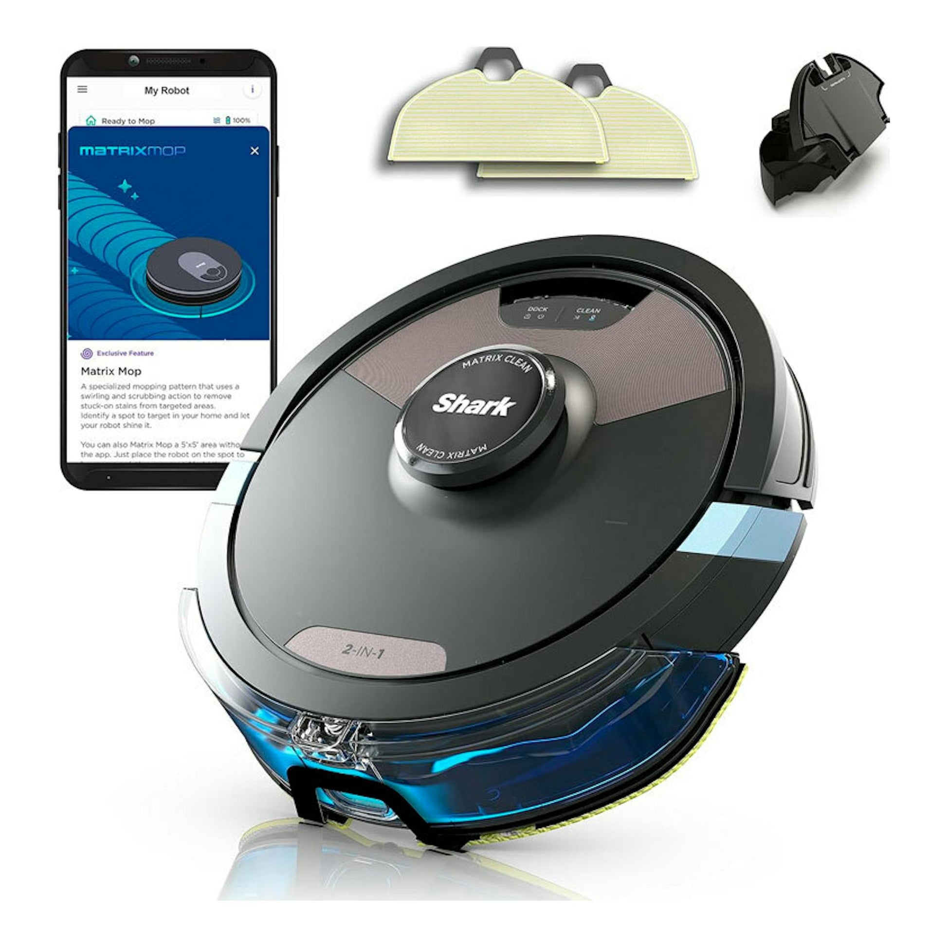 Robot aspirador Shark RV2620WAEU negro, vista en ángulo, junto a móvil y accesorios de mopa.