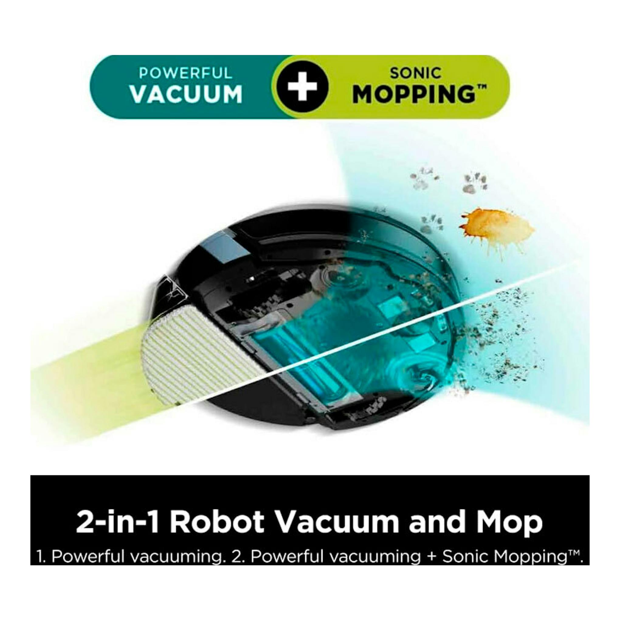 Robot aspirador Shark RV2620WAEU, vista superior, negro, con función 2 en 1 de aspirado y fregado.