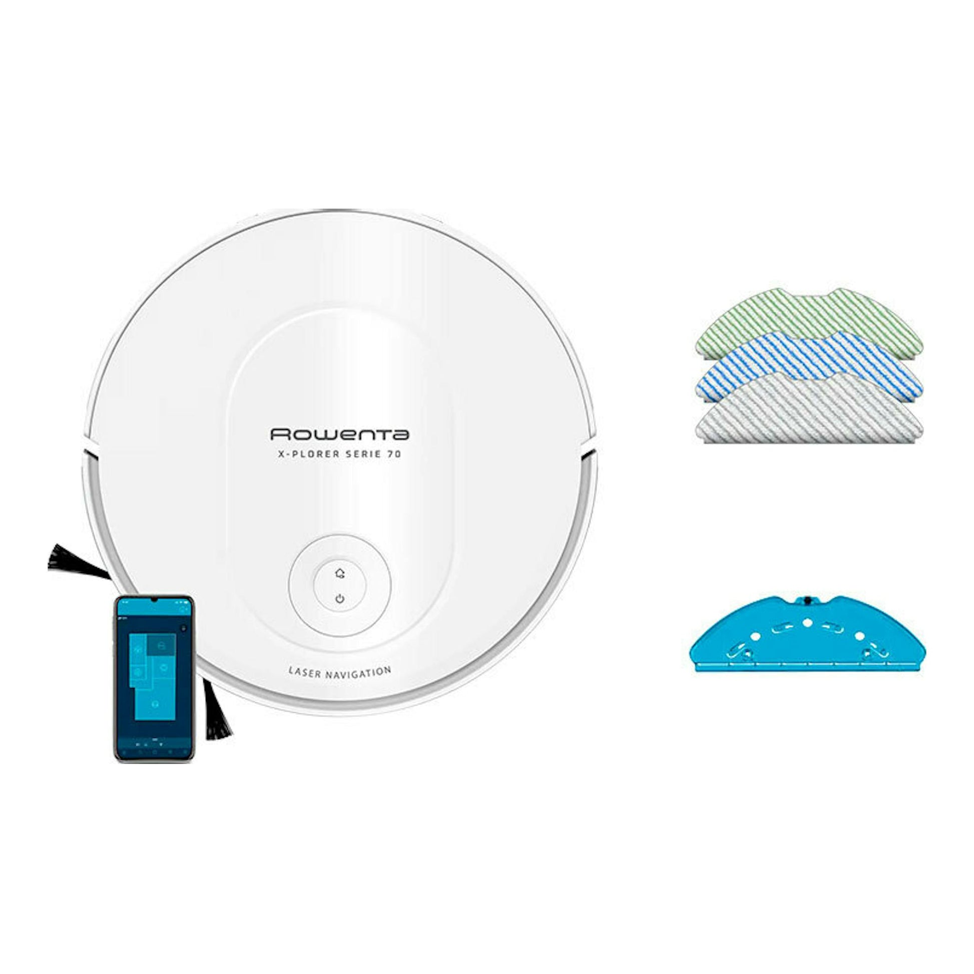 Robot aspirador Rowenta RR8477WH blanco, vista superior, con app móvil y accesorios.