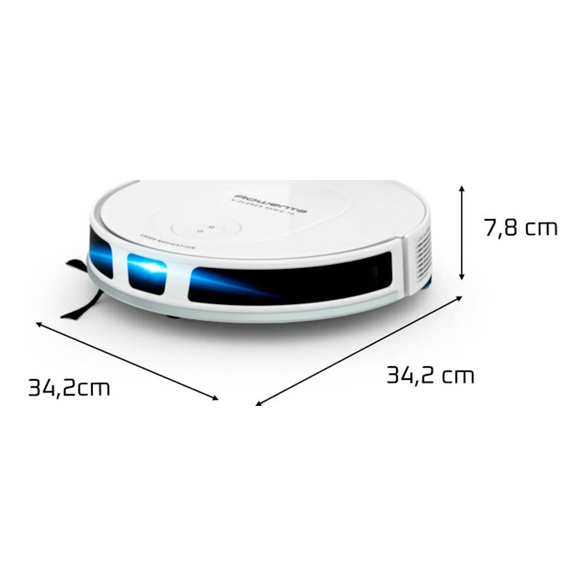 Robot aspirador Rowenta RR8477WH blanco, vista lateral en ángulo, con medidas 34,2 cm y 7,8 cm.