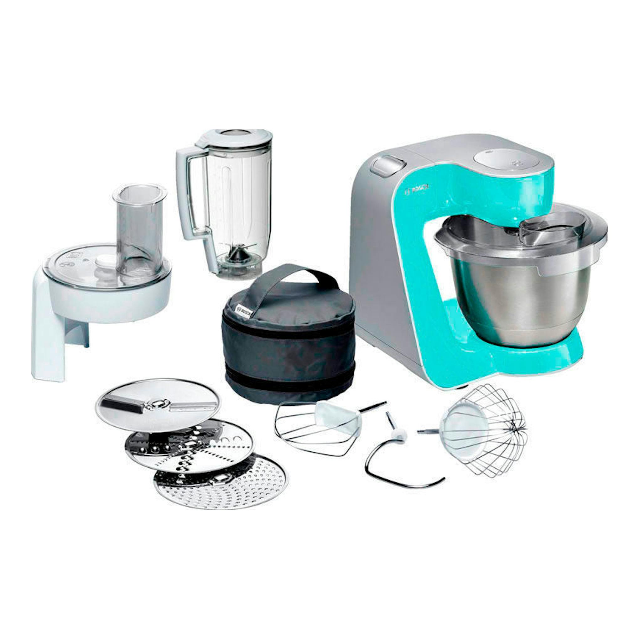 Robot de repostería Bosch MUM58020 gris y turquesa con bol, licuadora y accesorios sobre fondo blanco.