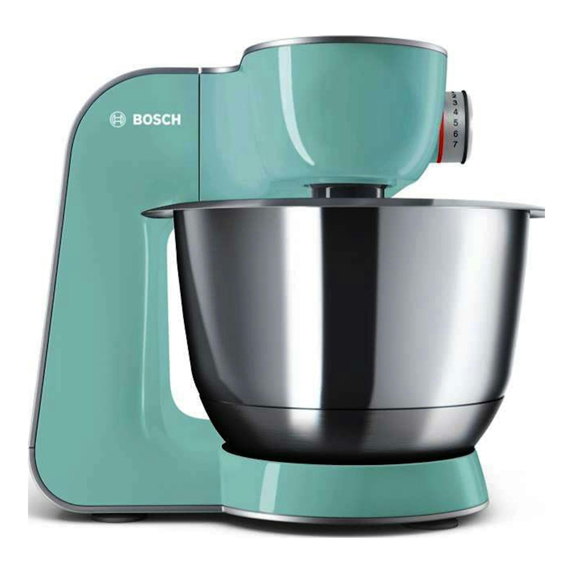 Robot de repostería Bosch MUM58020 verde menta, vista lateral, con bol de acero inoxidable.