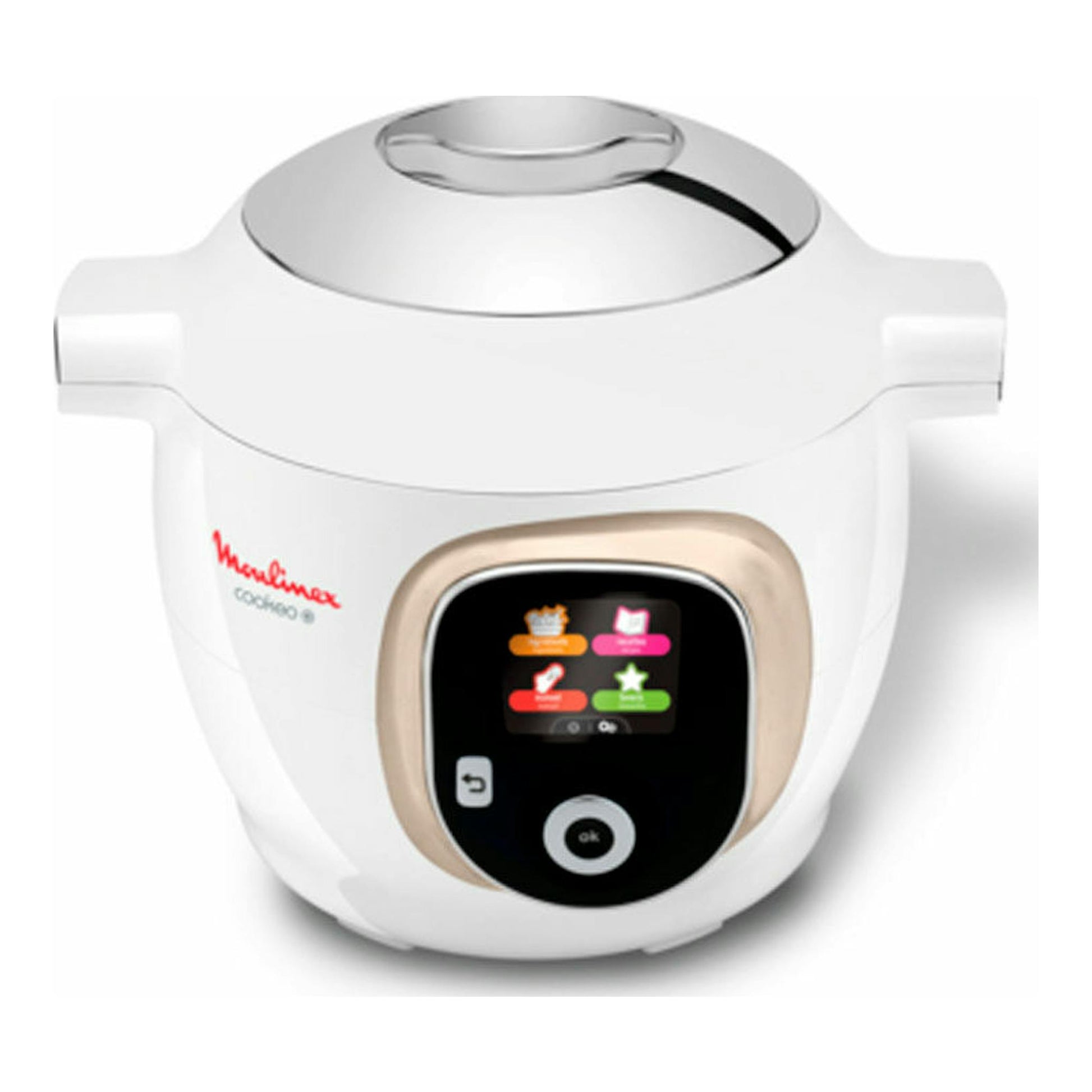Robot de cocina Moulinex CE851A10 blanco, vista frontal, con pantalla táctil y tapa superior.