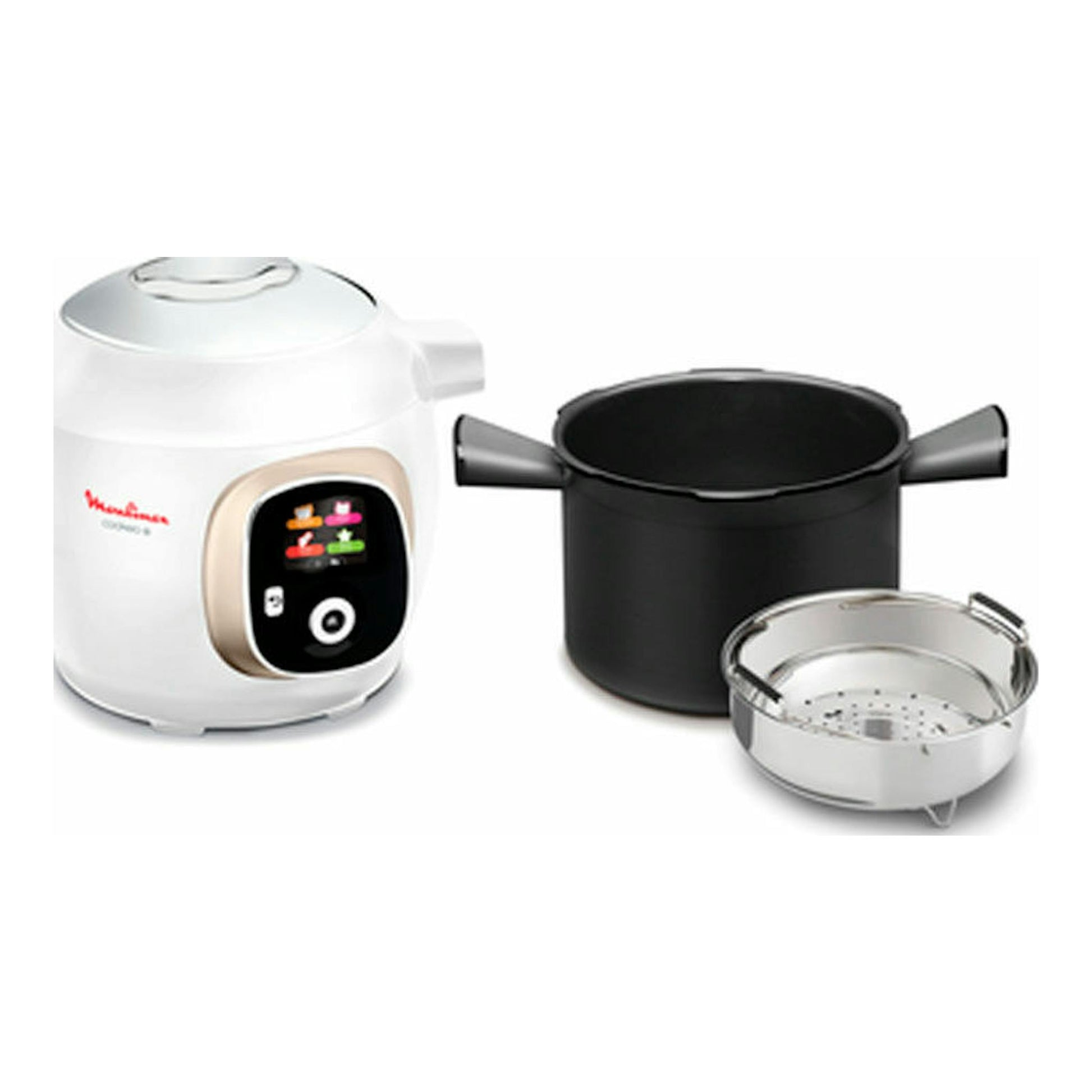 Robot de cocina Moulinex CE851A10 blanco, con olla negra y cesta vapor, vista frontal sobre fondo blanco.