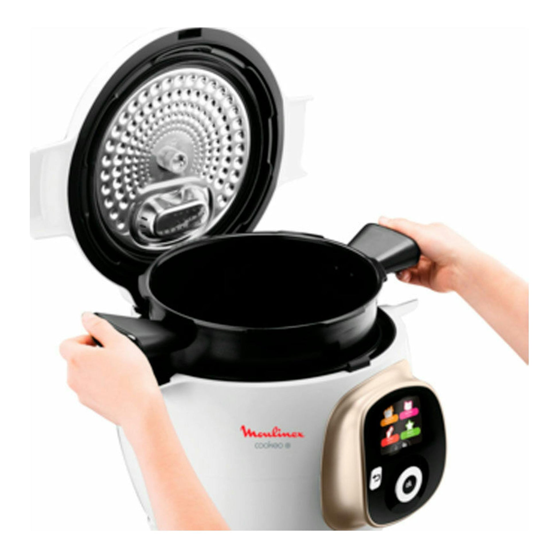Robot de cocina Moulinex Cookeo CE851A10 blanco y negro, con tapa abierta y cuba negra extraíble.
