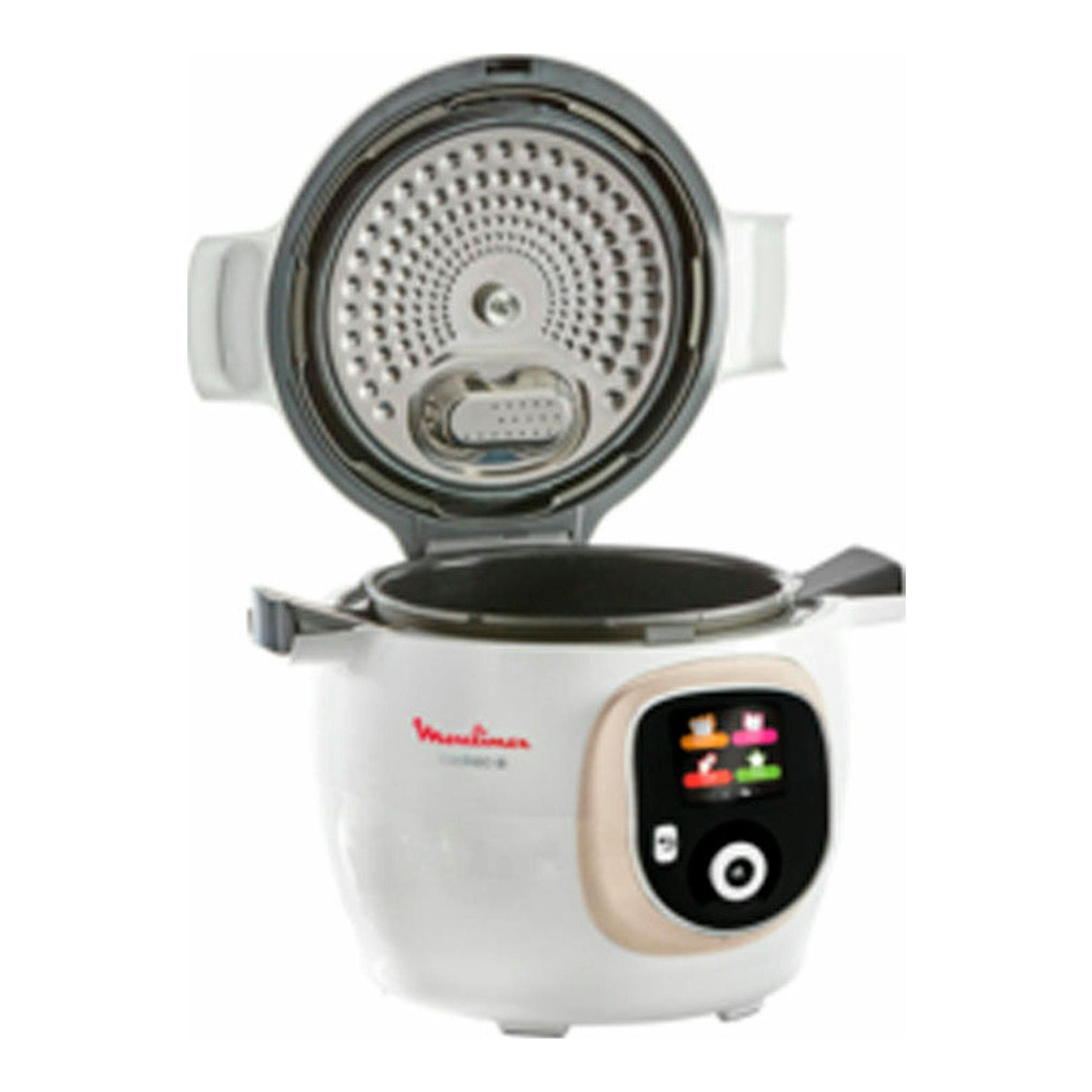 Robot de cocina Moulinex CE851A10 blanco, vista frontal, con tapa abierta y panel de control negro.