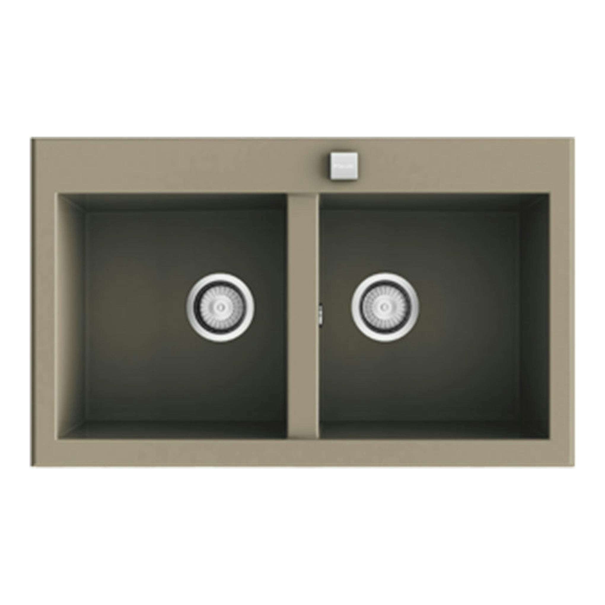 Fregadero Poalgi Shira 80 2/S Albero brillo, vista cenital, doble seno rectangular beige.