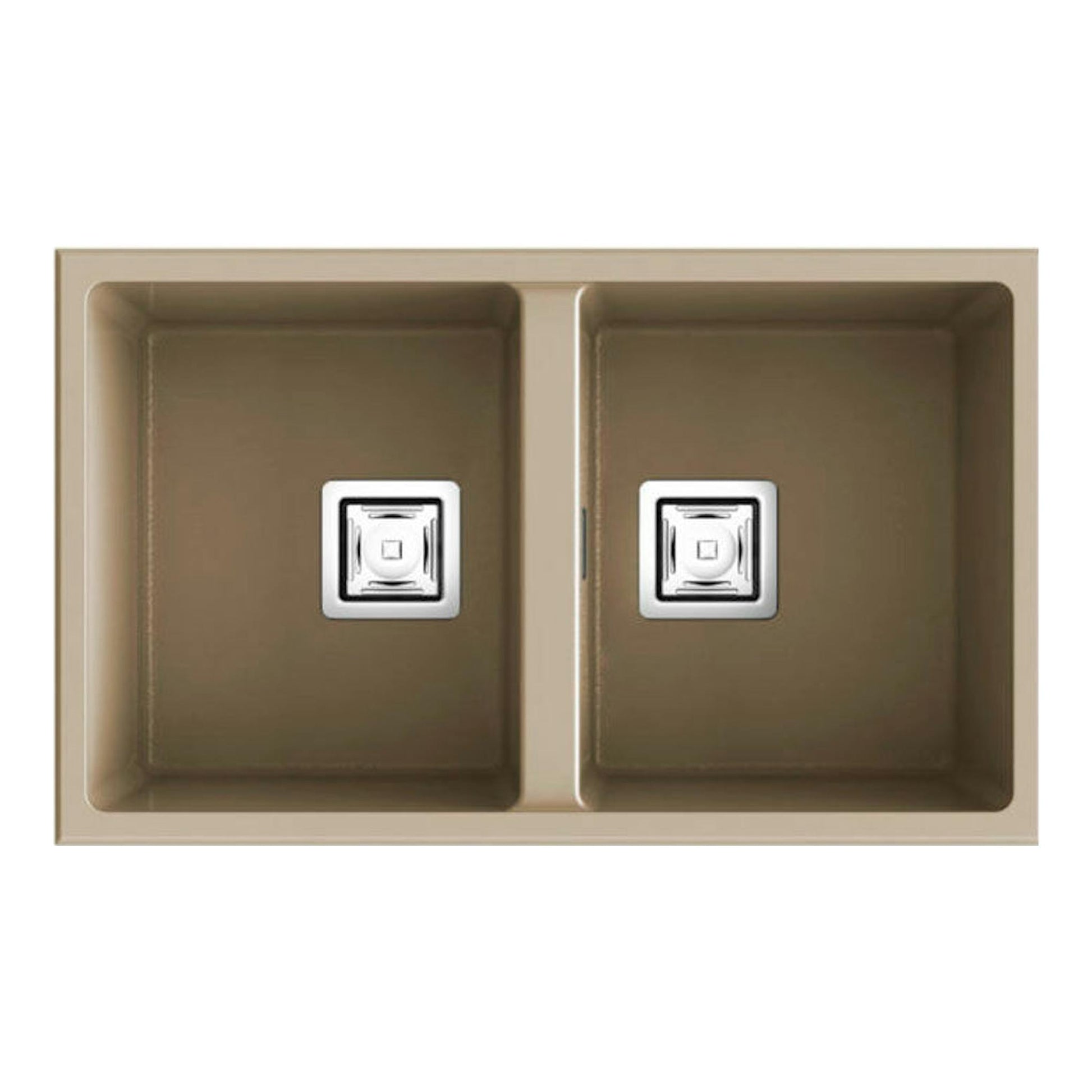Fregadero Poalgi Zie 70 2/S Albero Brillo, vista cenital, doble seno rectangular beige con dos desagües.