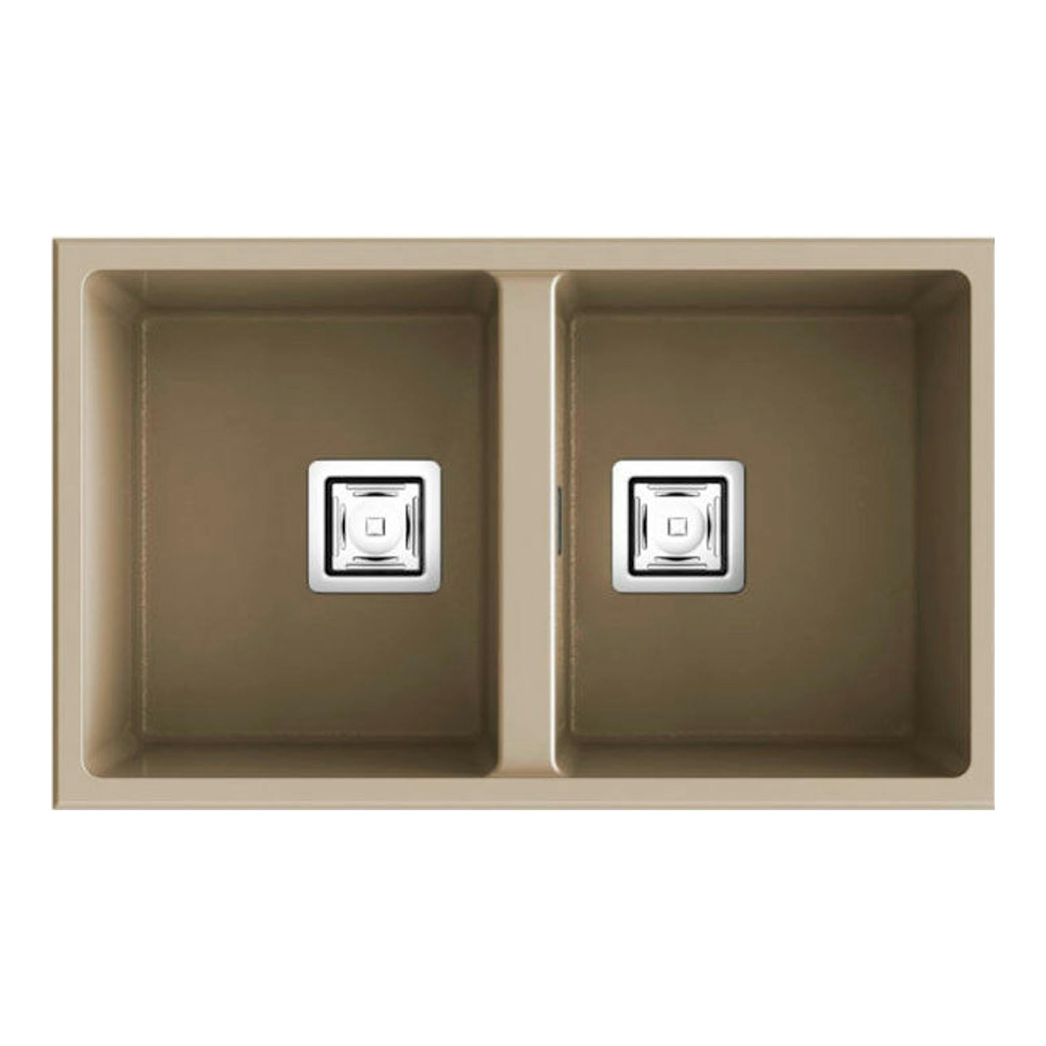Fregadero Poalgi Zie 70 2/S Albero Brillo, vista cenital, doble seno rectangular beige con dos desagües.