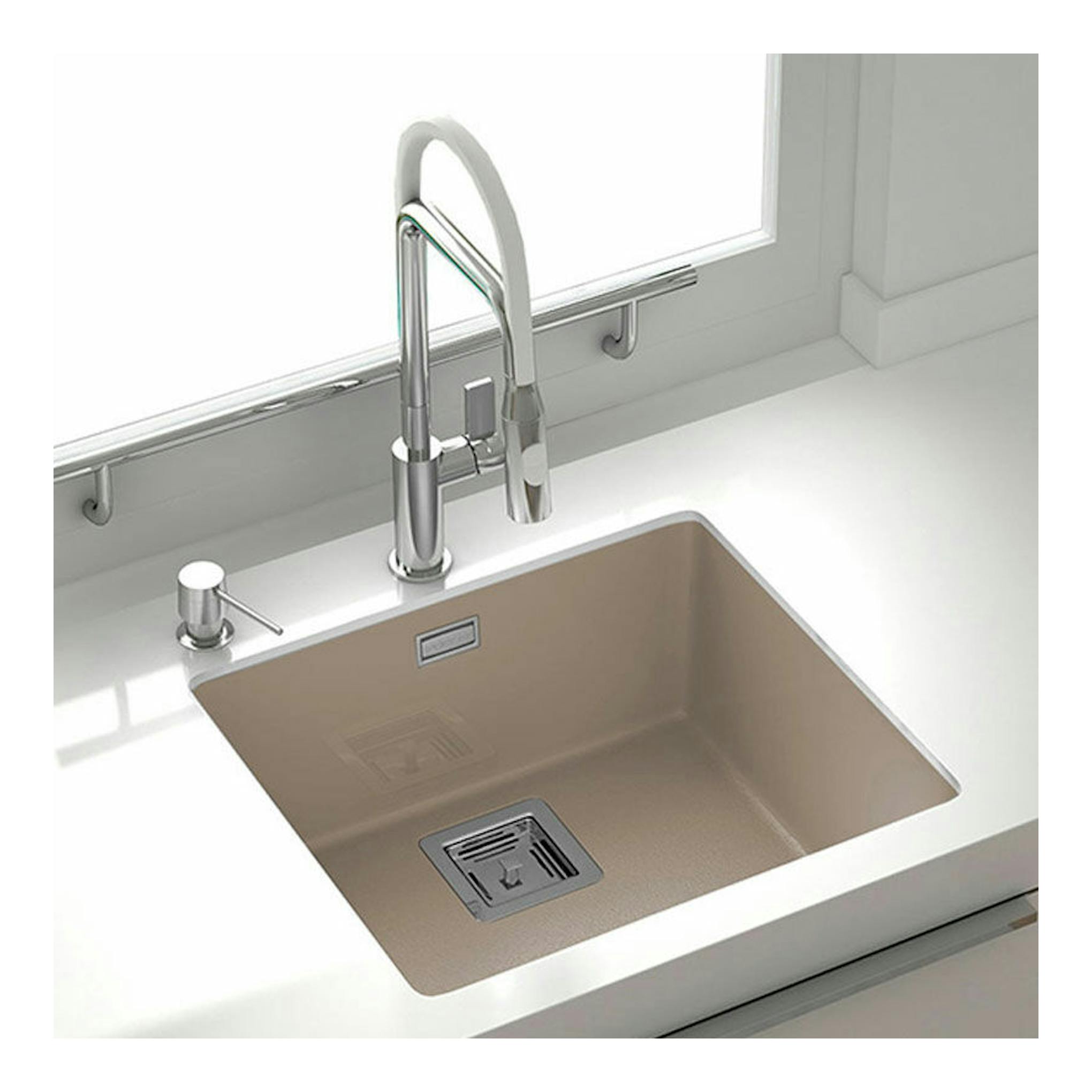 Fregadero Poalgi Zie 45 1/S Albero brillo, vista superior oblicua, cubeta rectangular beige con grifo cromado.
