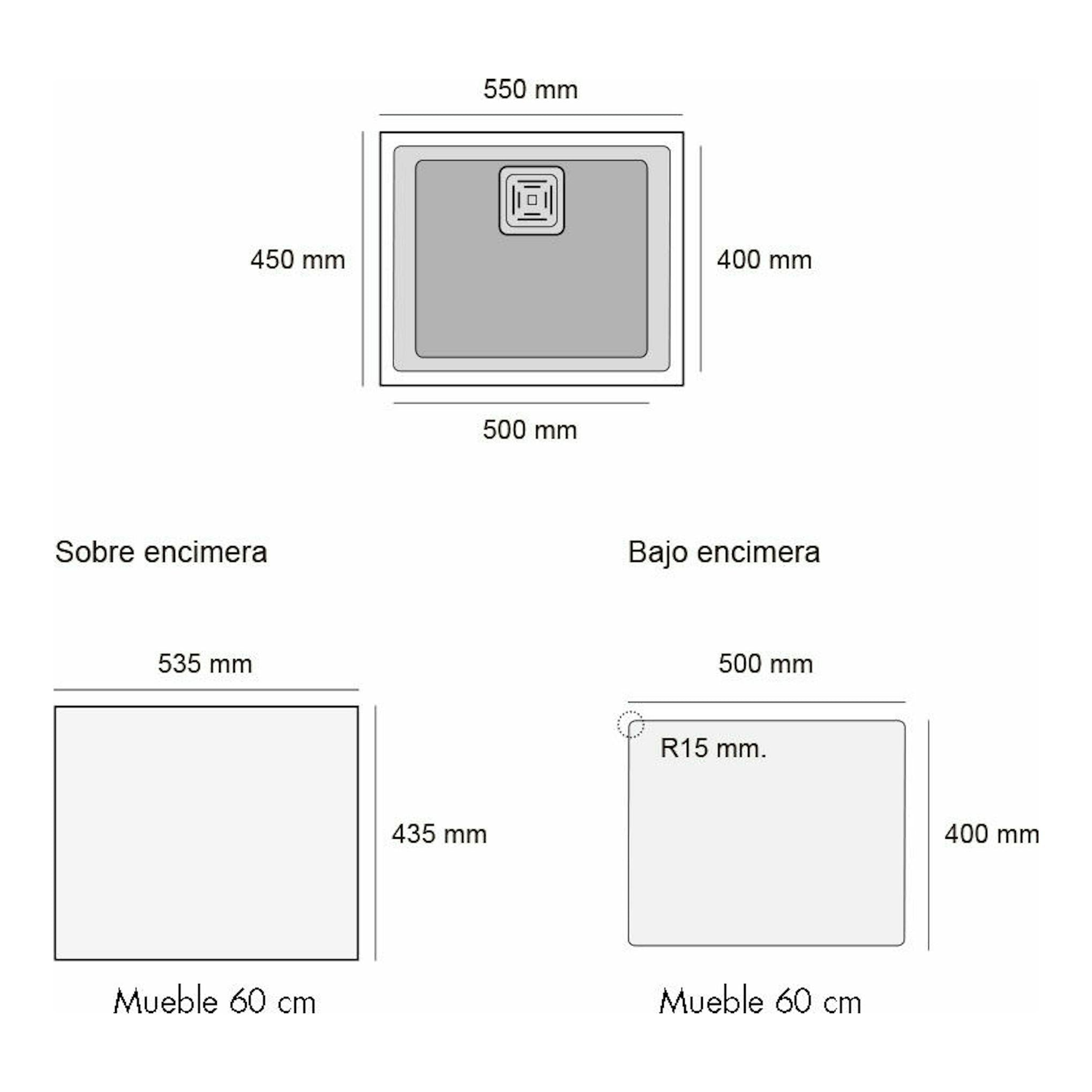 Diagrama técnico del fregadero Poalgi Zie 50 1/S Albero Soft, vistas superior y de instalación con medidas.