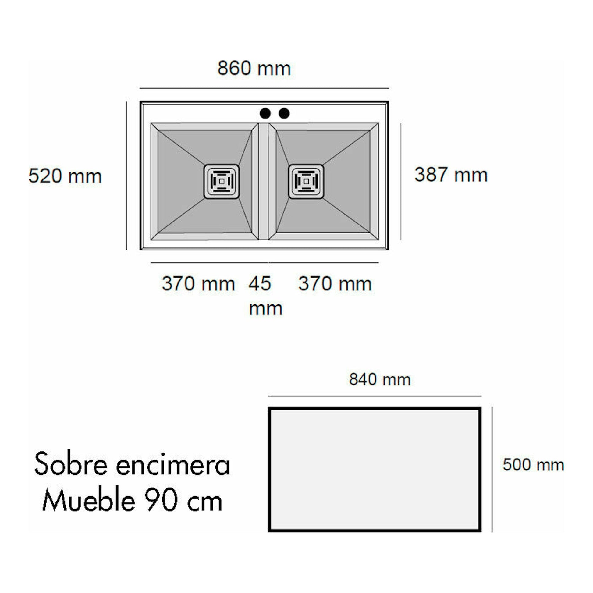 Esquema técnico del fregadero Poalgi Kobus 86 Bajo 2/S Basalt, doble seno, 860x520 mm, vista superior.
