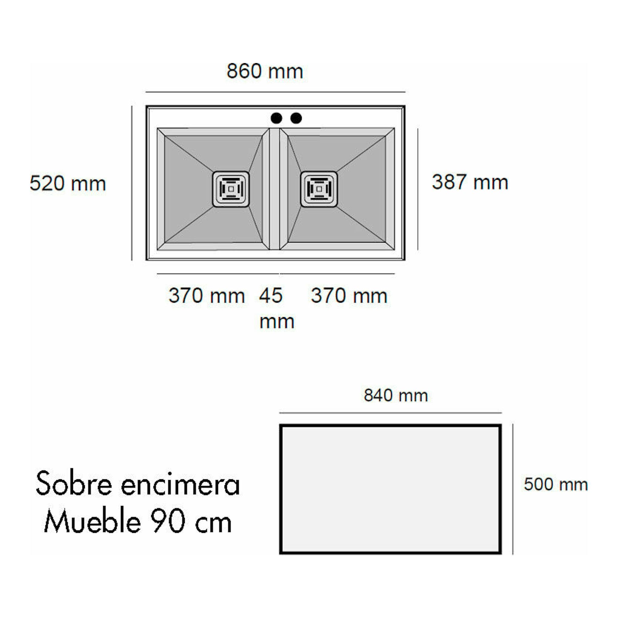 Esquema técnico del fregadero Poalgi Kobus 86 Bajo 2/S Basalt, doble seno, 860x520 mm, vista superior.