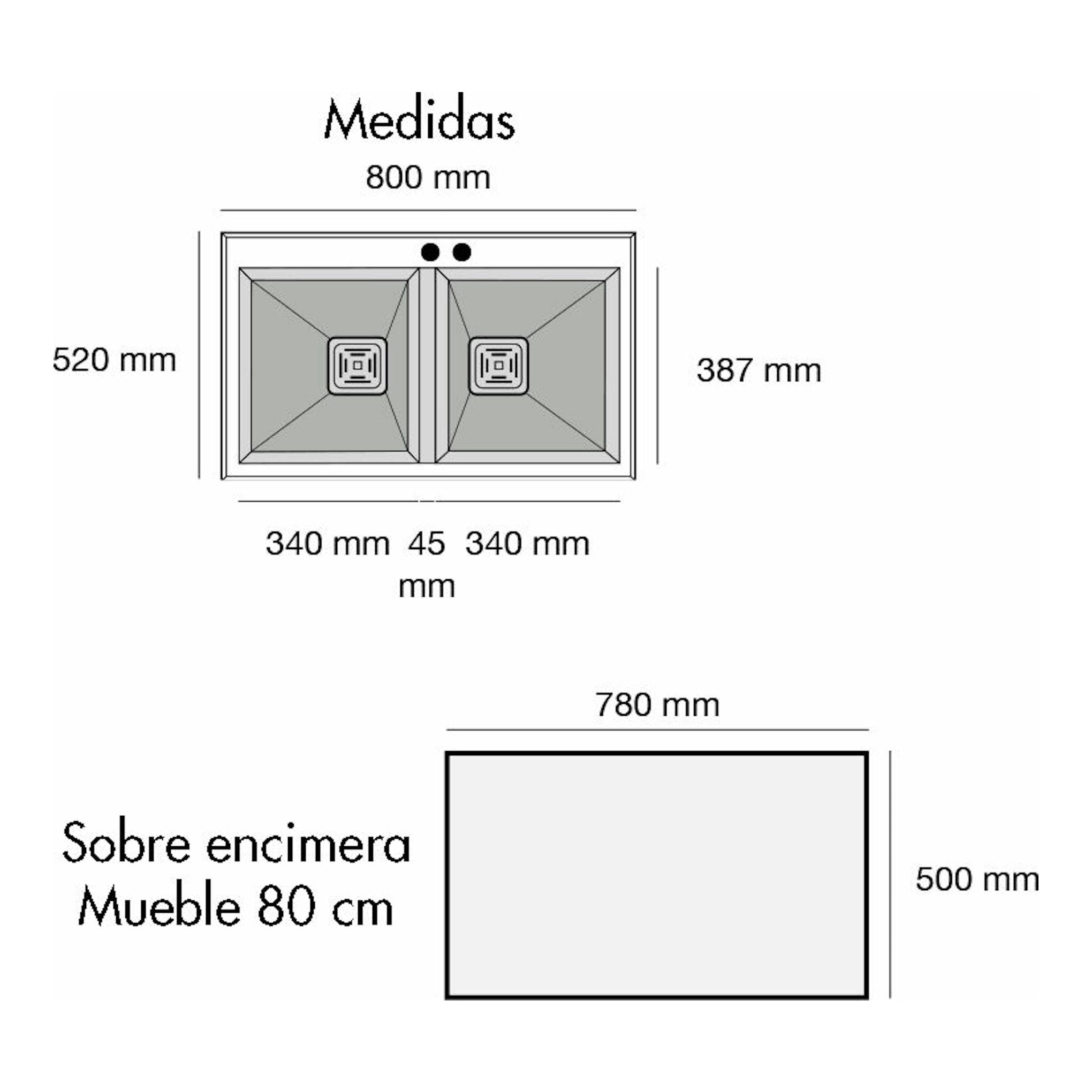 Fregadero Poalgi Kobus 80 Alto 2/S negro basalt, plano técnico en vista superior con medidas en mm.