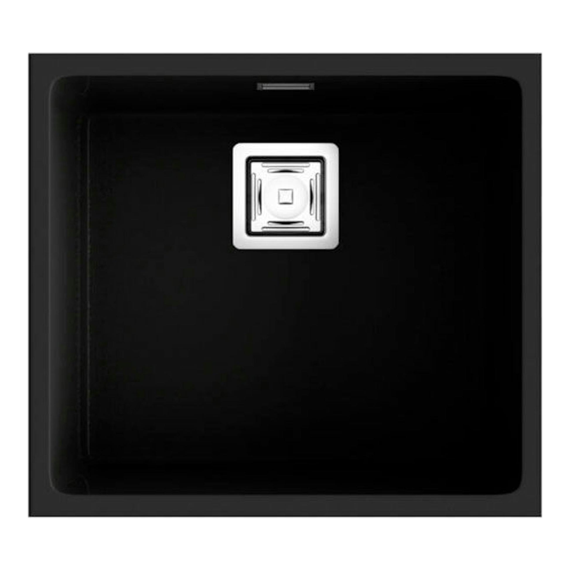 Fregadero Poalgi Zie 45 1/S basalto, vista cenital, cuadrado negro con desagüe central.