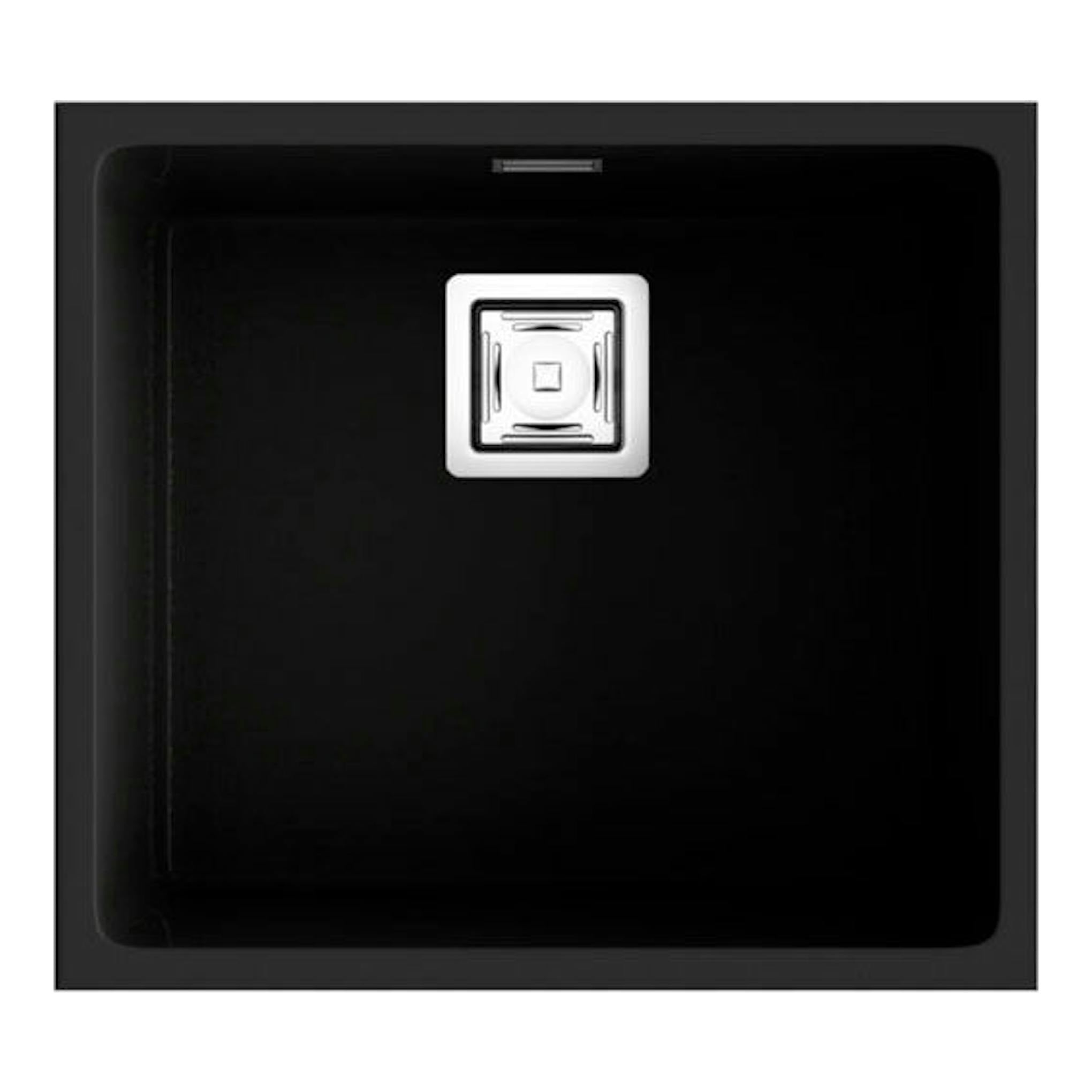 Fregadero Poalgi Zie 45 1/S basalto, vista cenital, cuadrado negro con desagüe central.