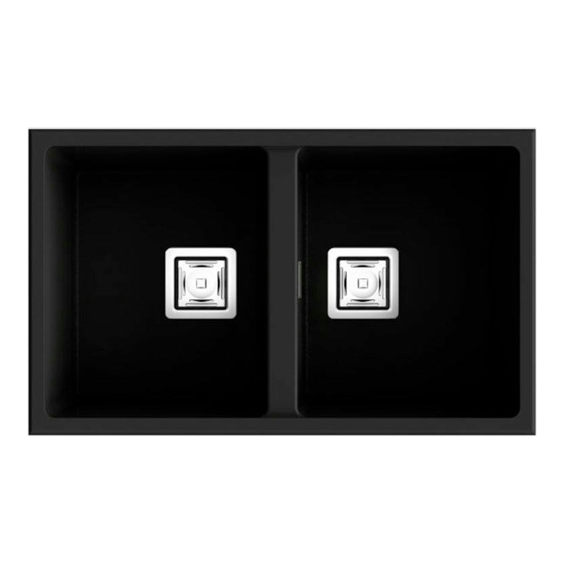 Fregadero Poalgi Zie 70 2/S basalto, vista superior, doble seno negro con desagües metálicos.