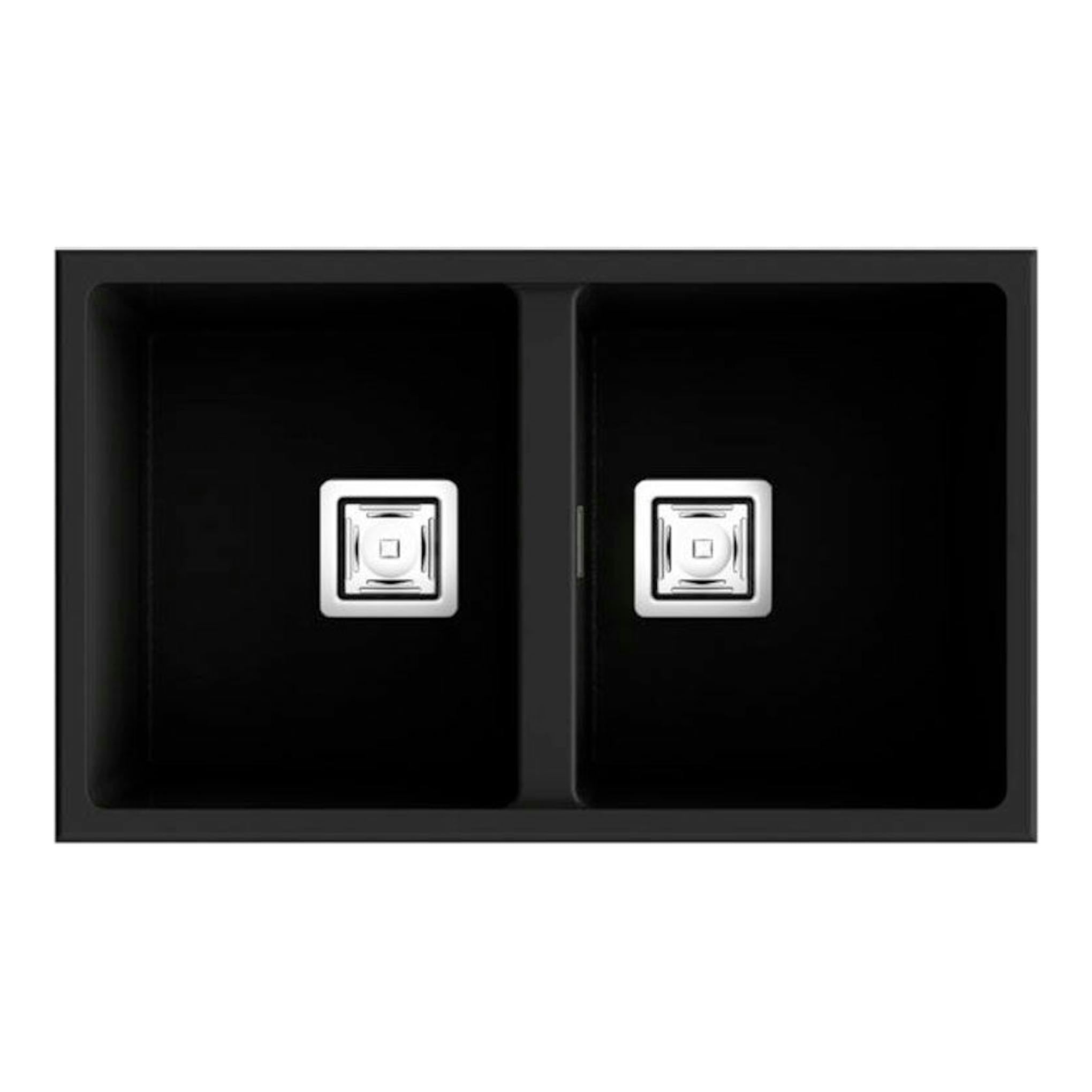 Fregadero Poalgi Zie 70 2/S basalto, vista superior, doble seno negro con desagües metálicos.